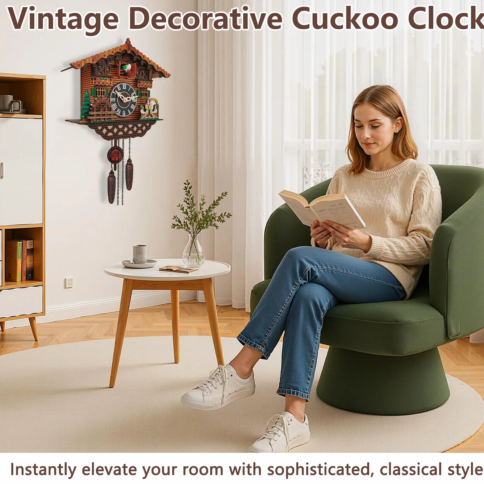 Horloge coucou en bois fait main avec oiseau - Horloge murale à quartz antique avec contrôle du volume