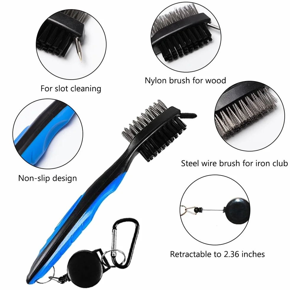 Brosses de Golf 3 Pièces Nettoyage Club Rétractable Affûteur Rainures Confortable
