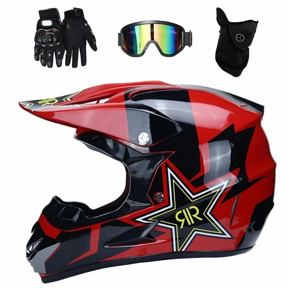 Casque Motocross Enfant avec Lunettes Masque Gants Toile d'Araignée Intégral MX Enduro