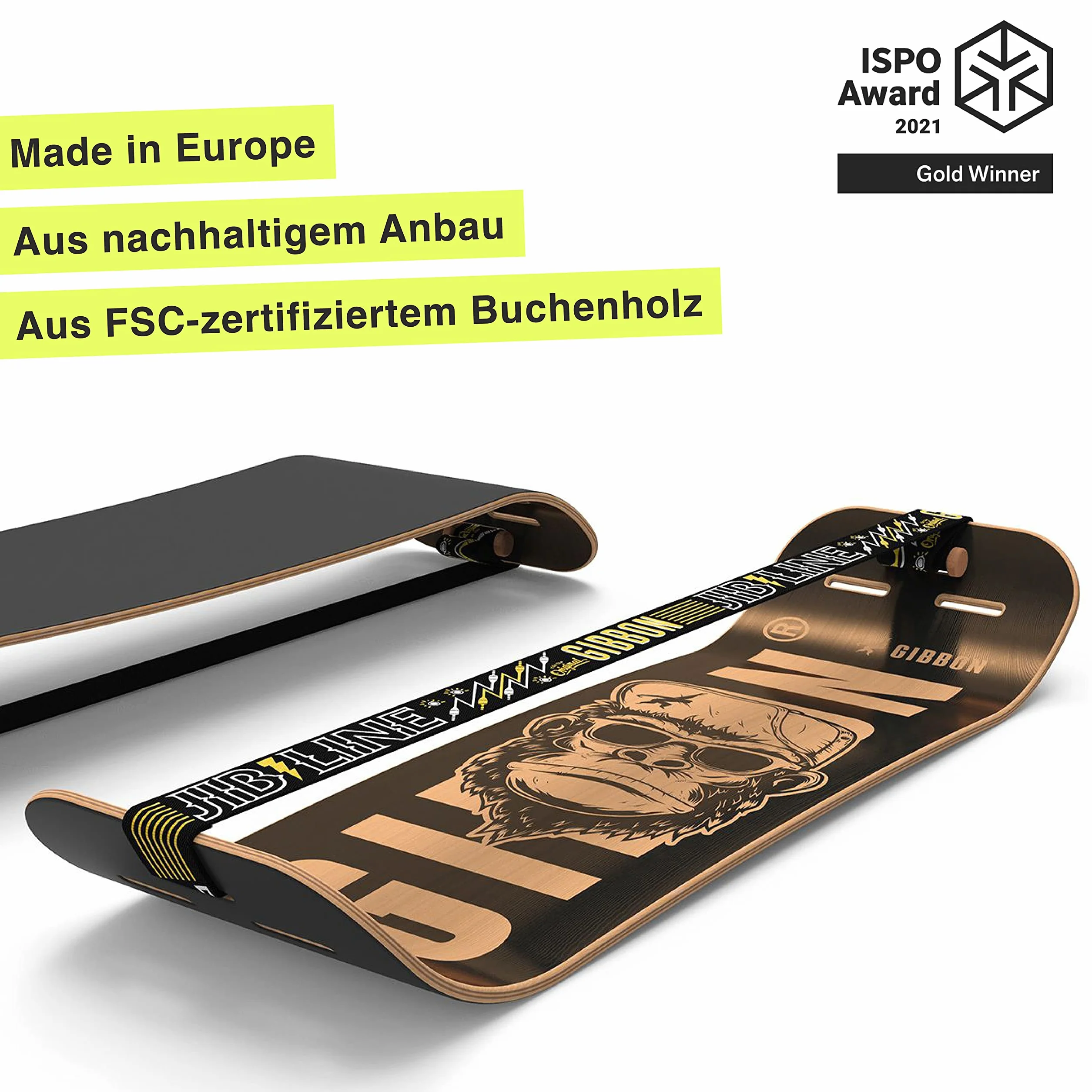 Gibbon GIBOARD Kit Ceasar - Planche d'équilibre Freestyle & Workout | Longueur 106 cm | JibLine Slackline | Système de verrouillage & roll | Coussinets en liège | Intérieur et extérieur | Bois