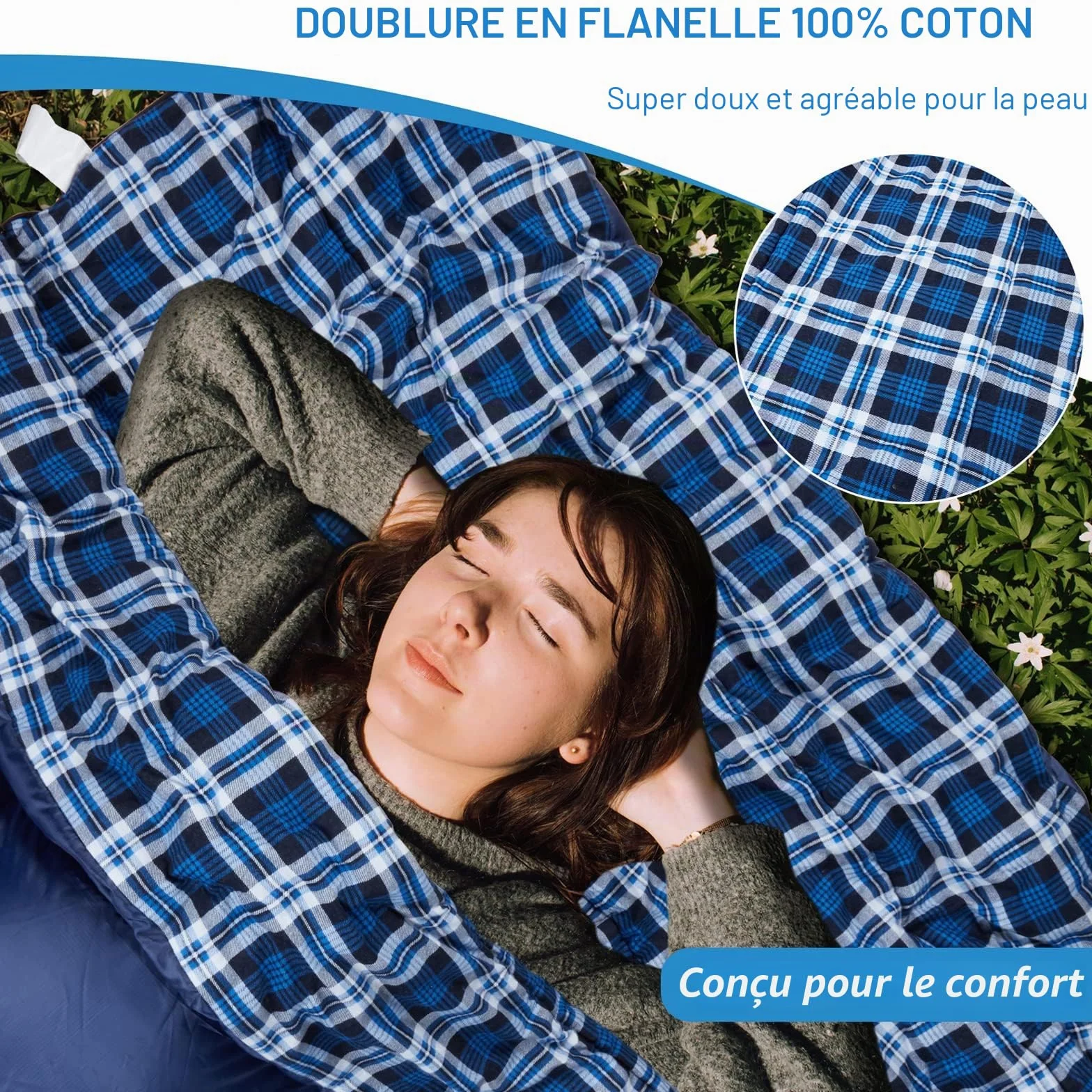Sac de Couchage Double Flanelle Coton Camping Imperméable Reine 2 Temps Froid Adultes