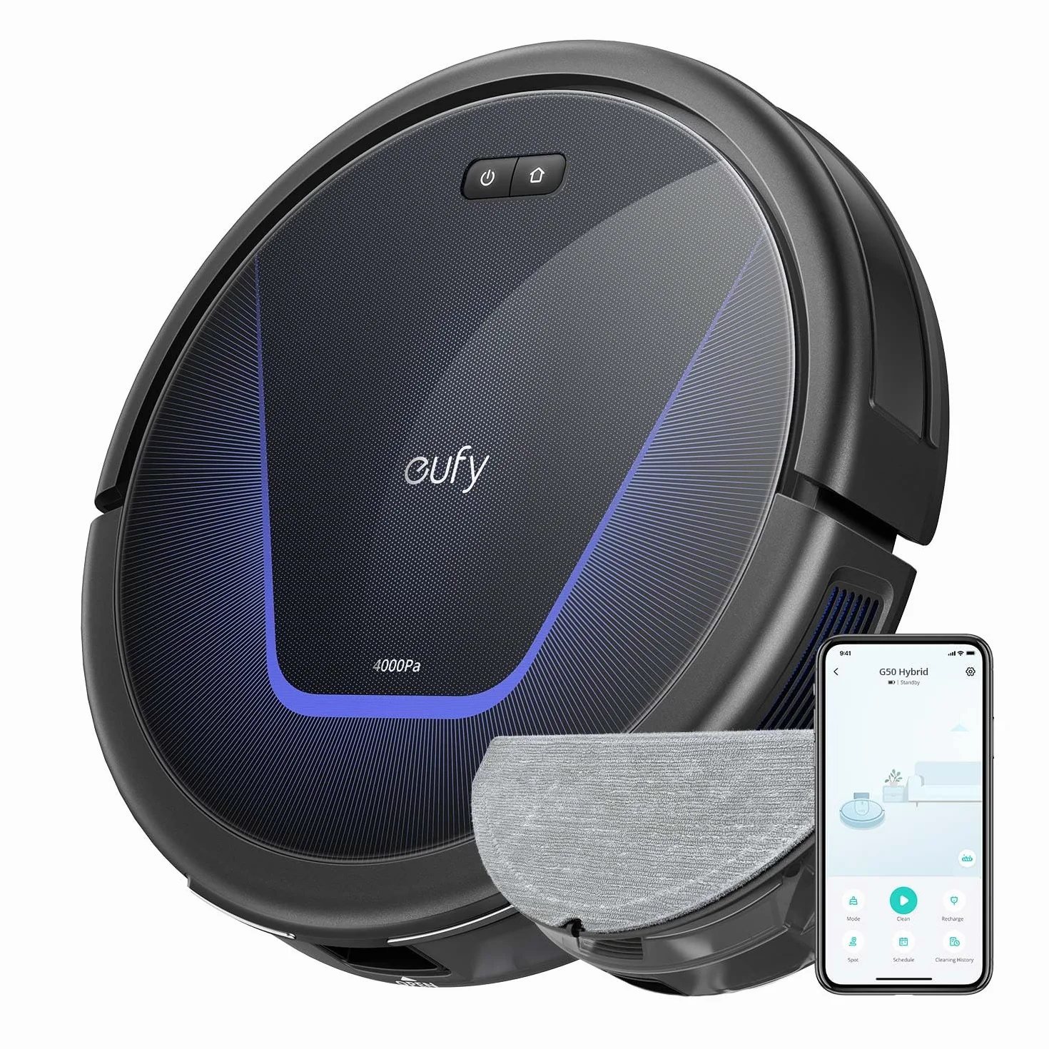 Eufy G50 Aspirateur Robot Hybride 4000 Pa Aspiration Navigation Dynamique Brosse Rouleau Tampon Serpillière Poils d'animaux Tapis Reconditionné