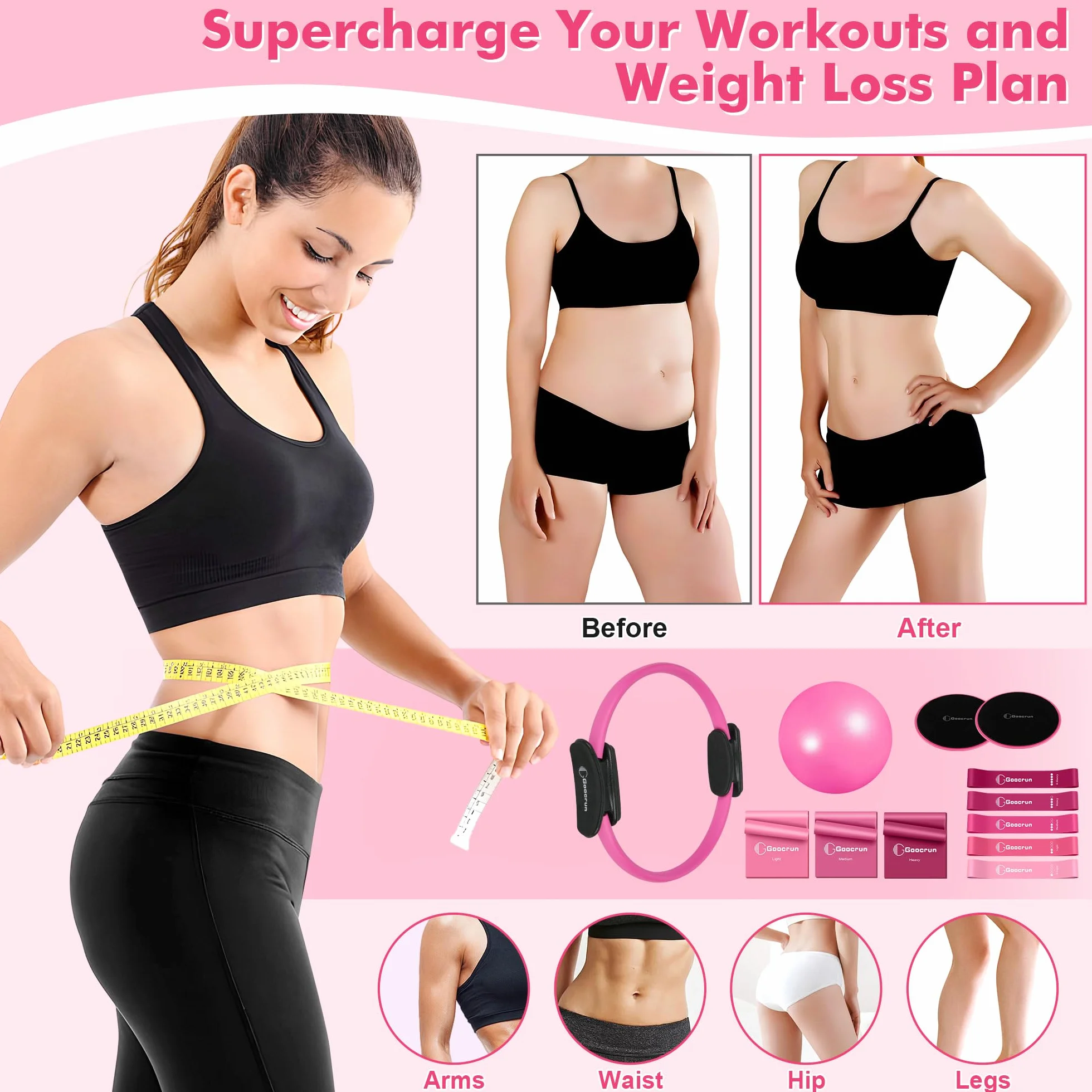 Goocrun Ensemble d'anneaux de Pilates avec bandes de résistance, ballon et disque de glissement