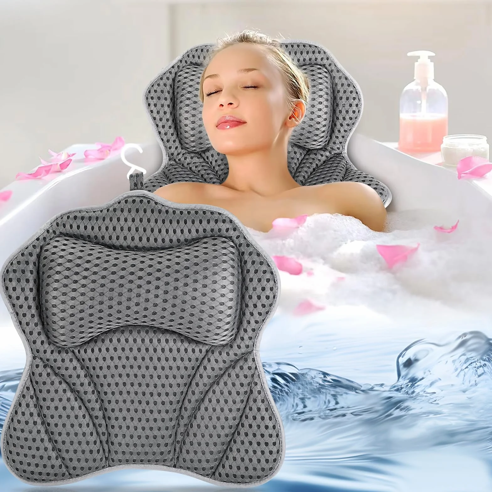 Oreiller de Bain avec 2 Ventouses Puissantes, Coussin Air Mesh 4D pour Ergonomique Dos Cou