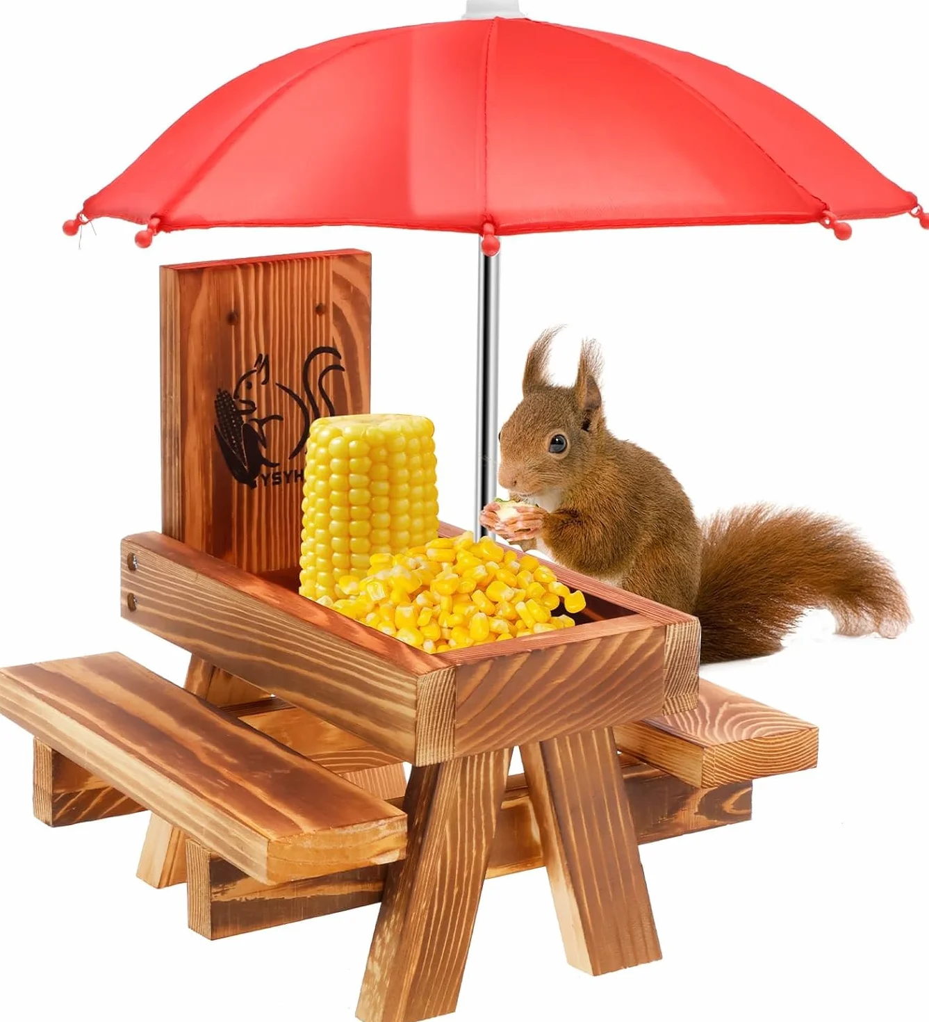 Mangeoire à écureuil en Bois avec Parapluie, Table de Pique-Nique Extérieur Solide