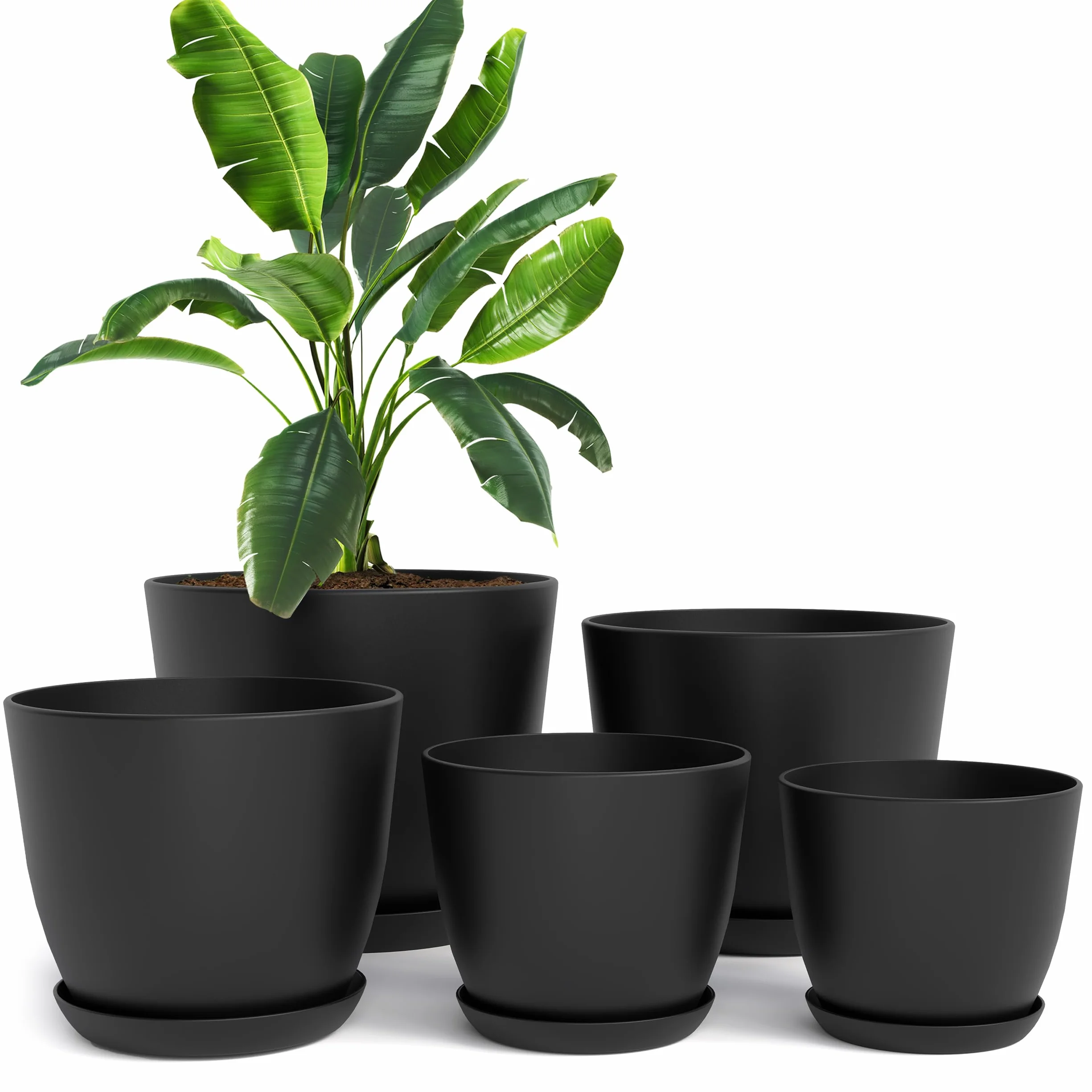Utopia Home Lot de 5 Pots de Fleurs 18/17/15/13/12 cm avec Soucoupe Noir pour Intérieur