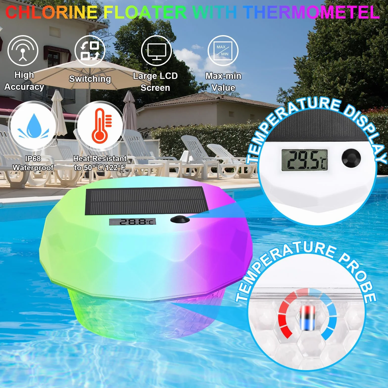 Lumiere Solaires Piscine LED RGB avec Thermomètre Télécommande IP68 Lampe Flottante