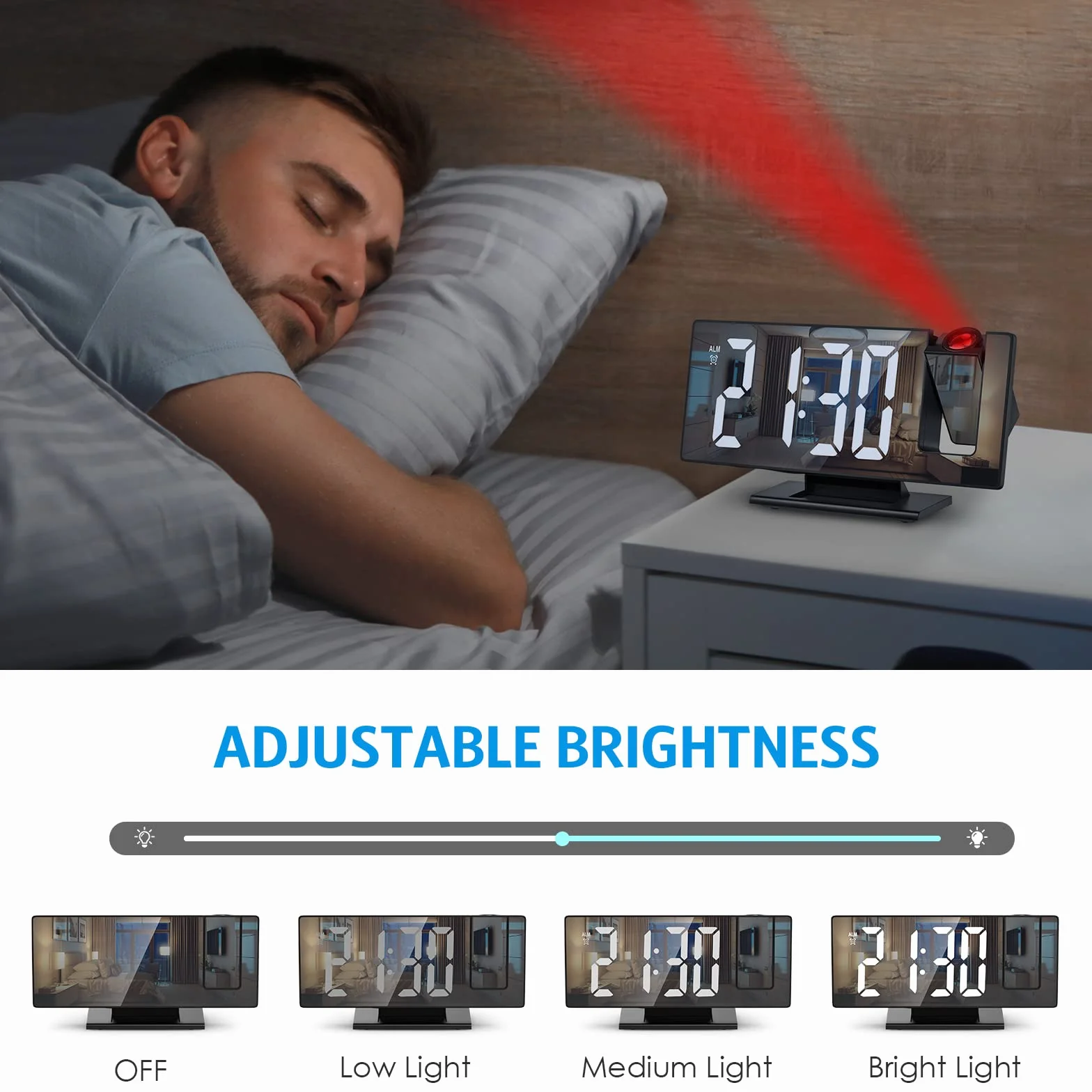 Réveil Projecteur Plafond LED Miroir Horloge Digitale Projection 180° USB