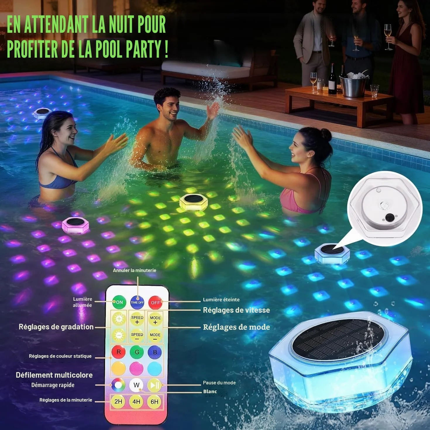 Lumiere Piscine Flottante Solaire 2 Pièces IP68 Étanche RGB 7 Couleurs avec Télécommande
