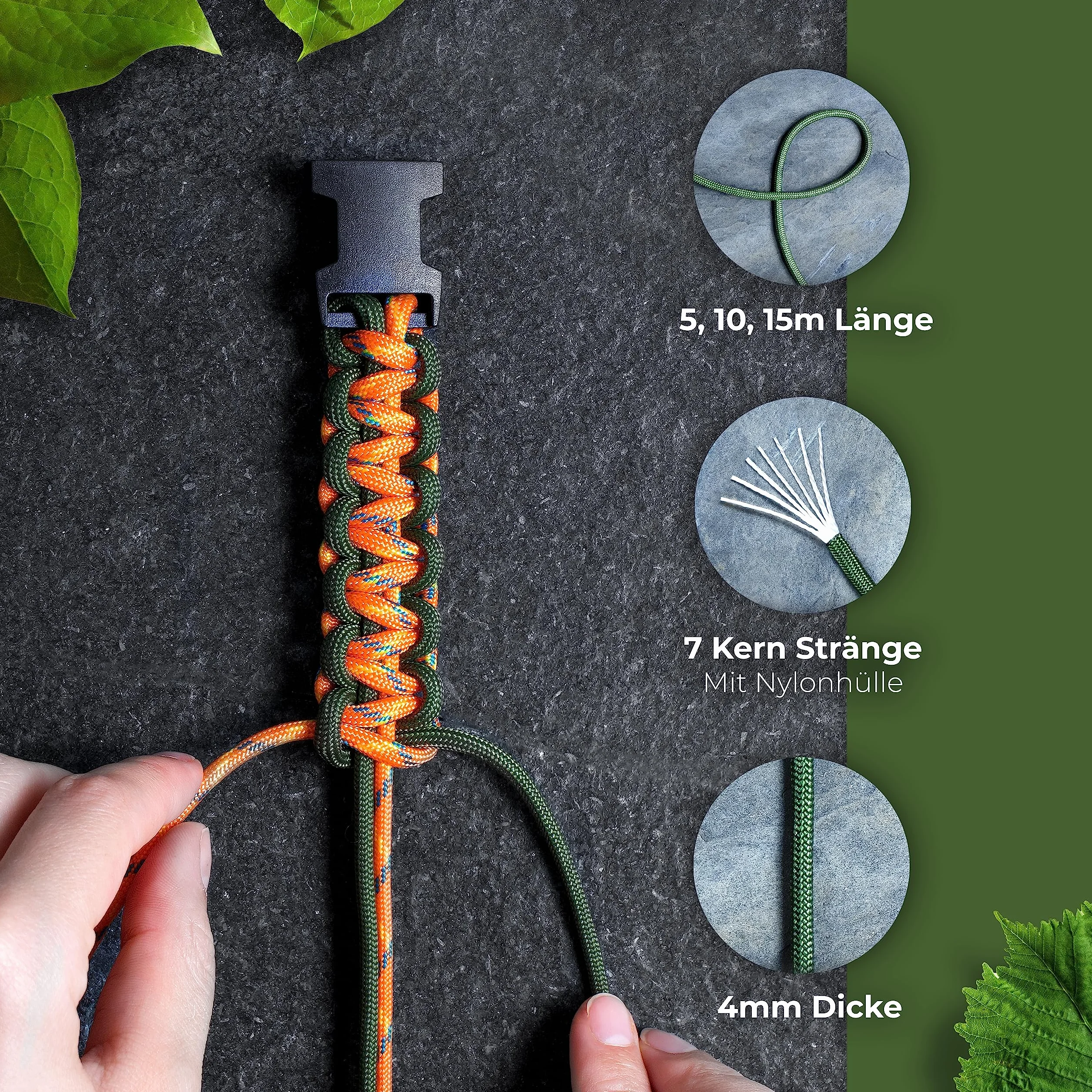 Corde Paracorde 550 4 mm 7 Brins Centraux Équipement Plein Air Camping (Noir/Orange, 10 mètres)
