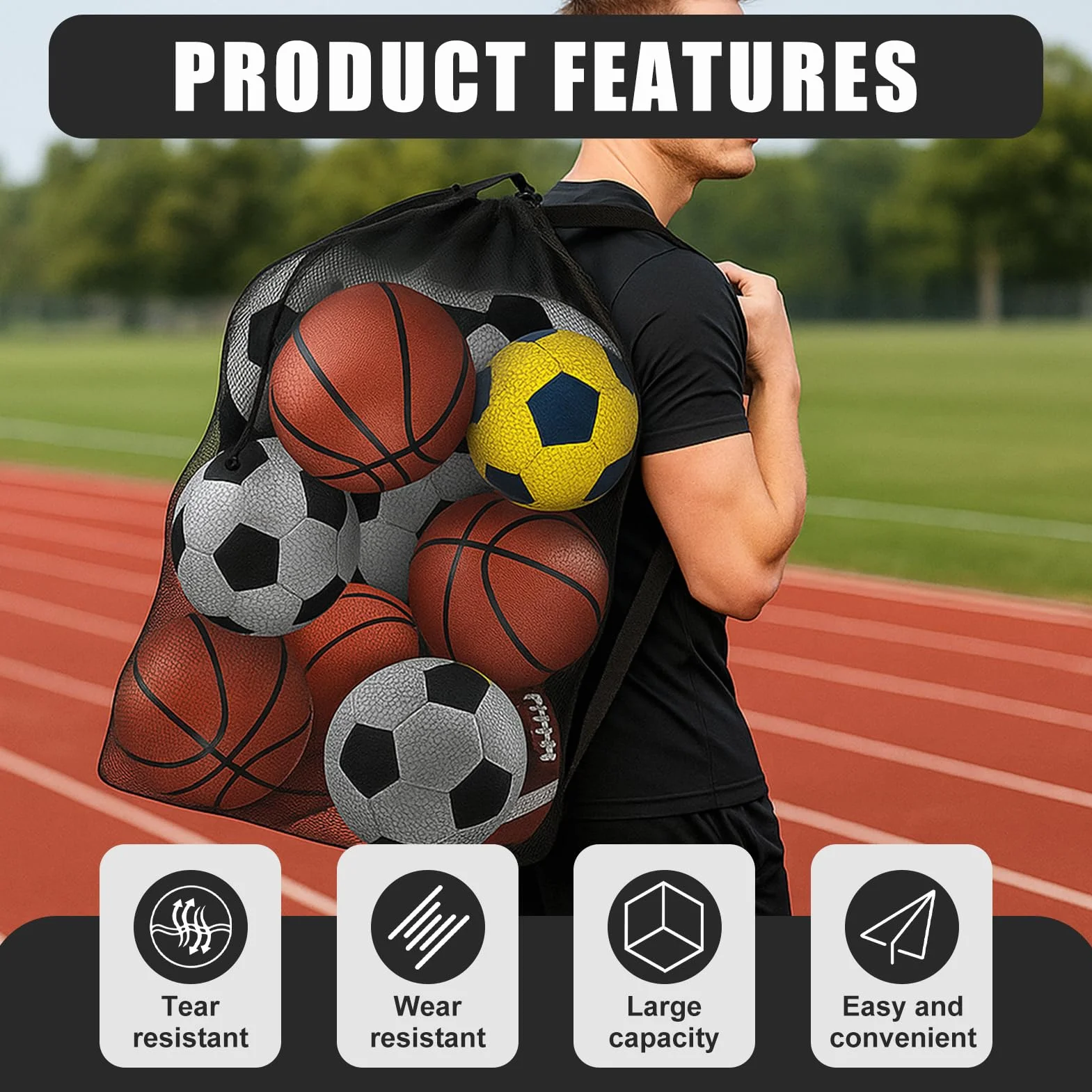 Ruvan Sac À Ballons De Foot, Filet De Football, Grand Capacité 10-12 Ballons, pour Basket-Ball Football Volley-Ball Sac Bandoulière Rangement des Équipements De Sport Plage, 101 * 76 CM, Noir