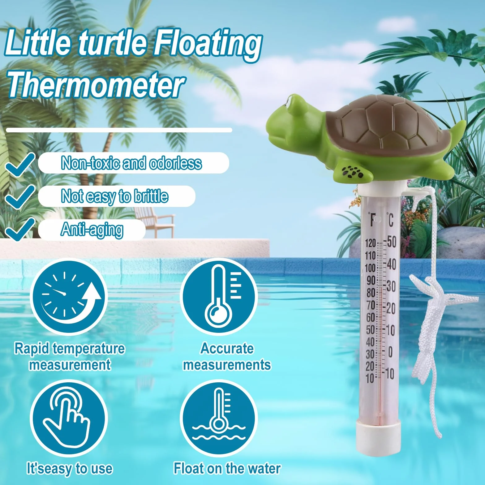 Thermometre Piscine Rigolo Flottant Tortue avec Corde Anti-Dérive