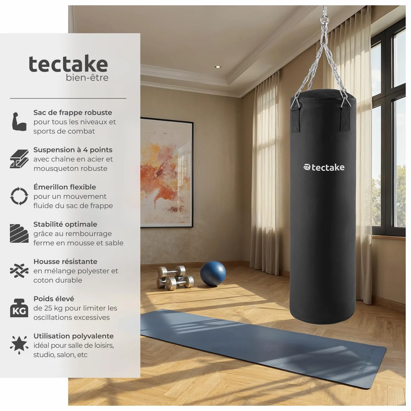 tectake® Sac de Frappe 25 Kg, Sac de Boxe avec chaîne de Suspension, 28 x 105 cm, Sac de Frappe Adulte, Punching Ball, Boxing, MMA, Muay Thai, Taekwondo, Kick Boxing, Sports de Combat, Home Gym, Noir