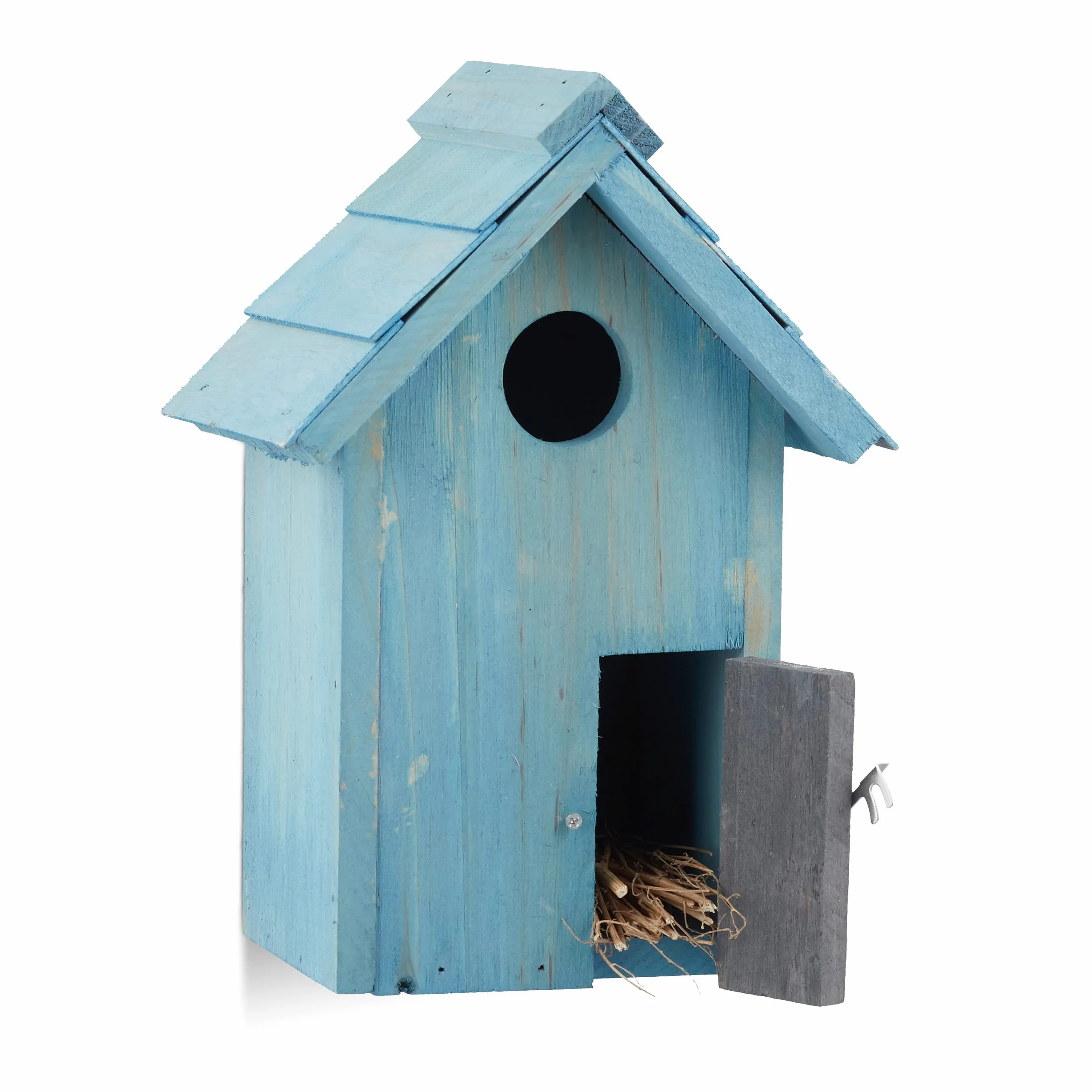 Relaxdays Nichoir à oiseaux en bois forme de petite maison bleu clair 24,3 x 17 x 12 cm