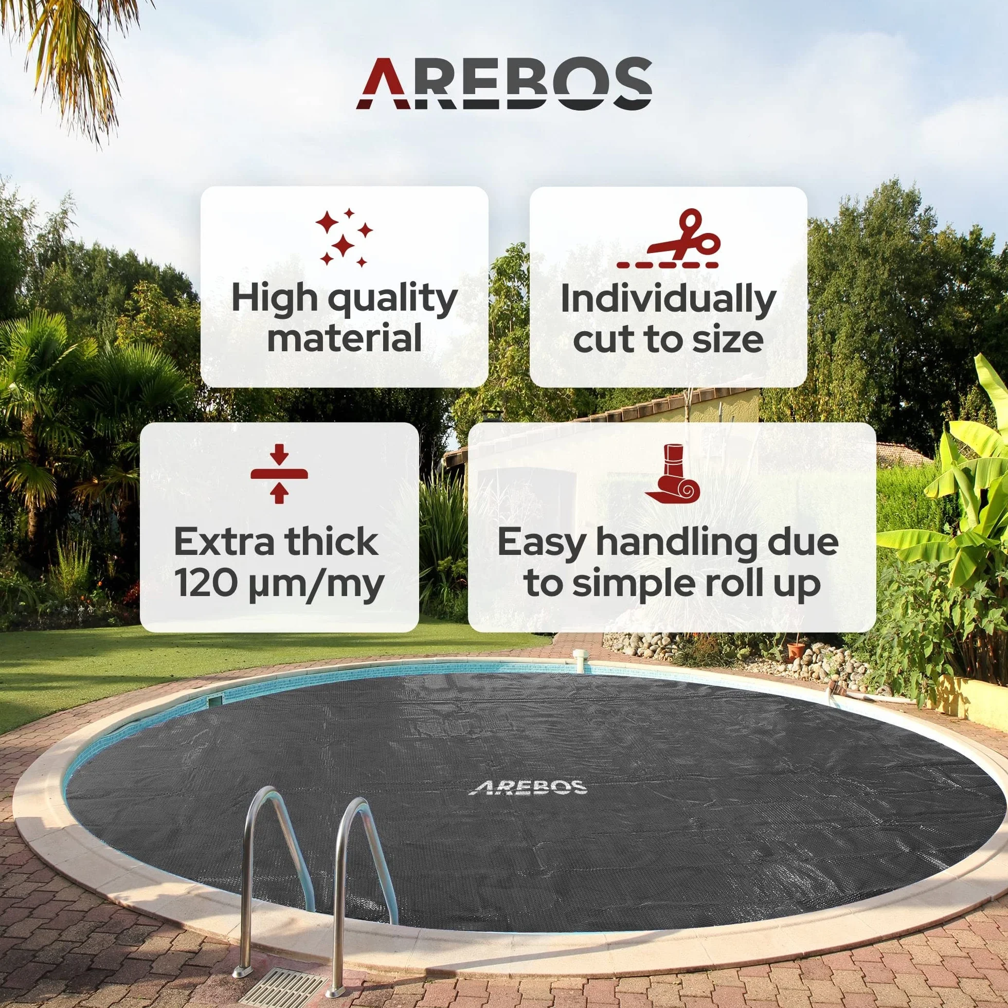 Arebos Bâche Solaire Piscine Ø 3,66 m Épaisseur 120 µm Noir Rouleau Découpable Chauffage Protection Eau