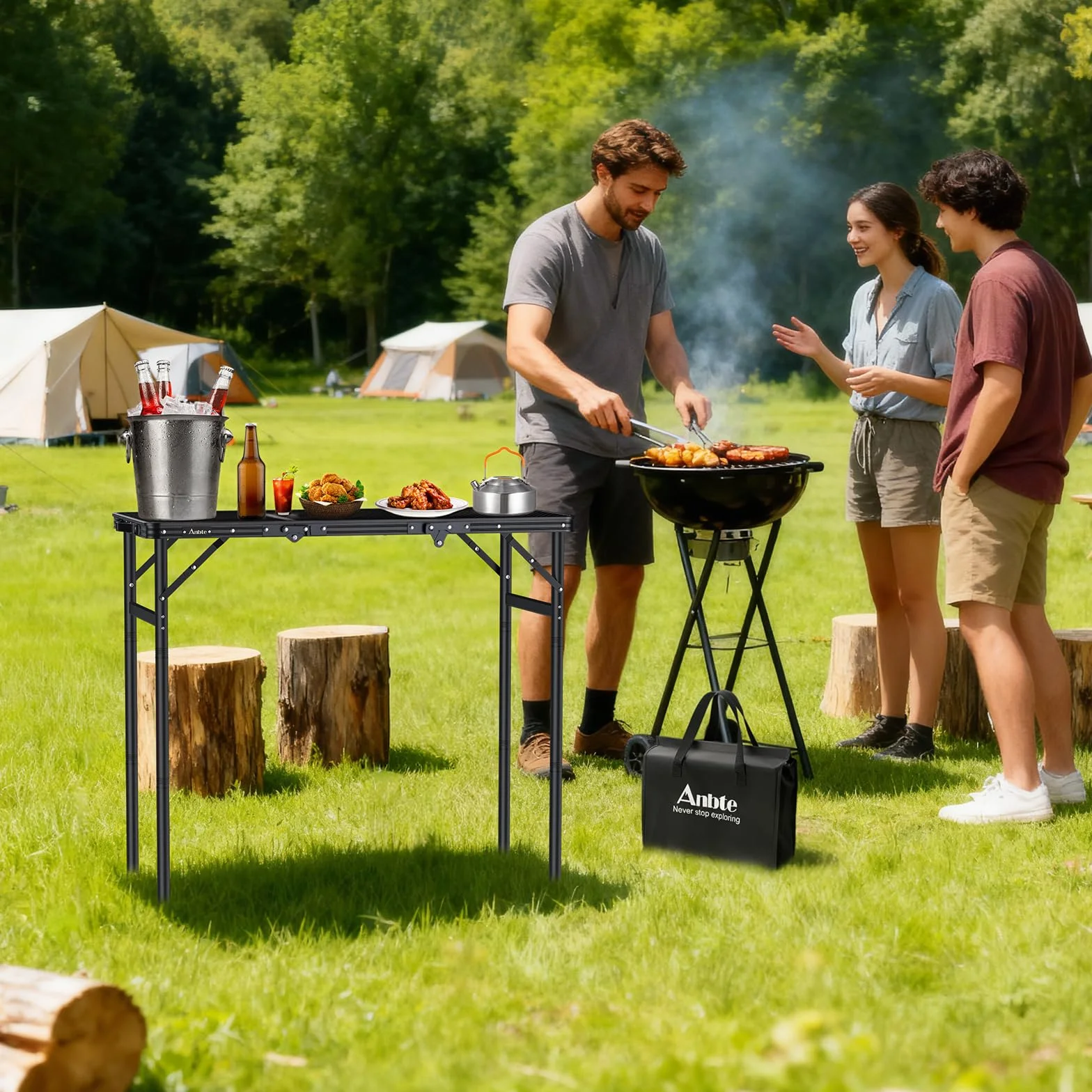 Table de Camping Pliante Anbte 90 x 40 cm 3 Hauteurs Réglables Aluminium Plateau Maille Métallique Portable Pique-Nique Jardin