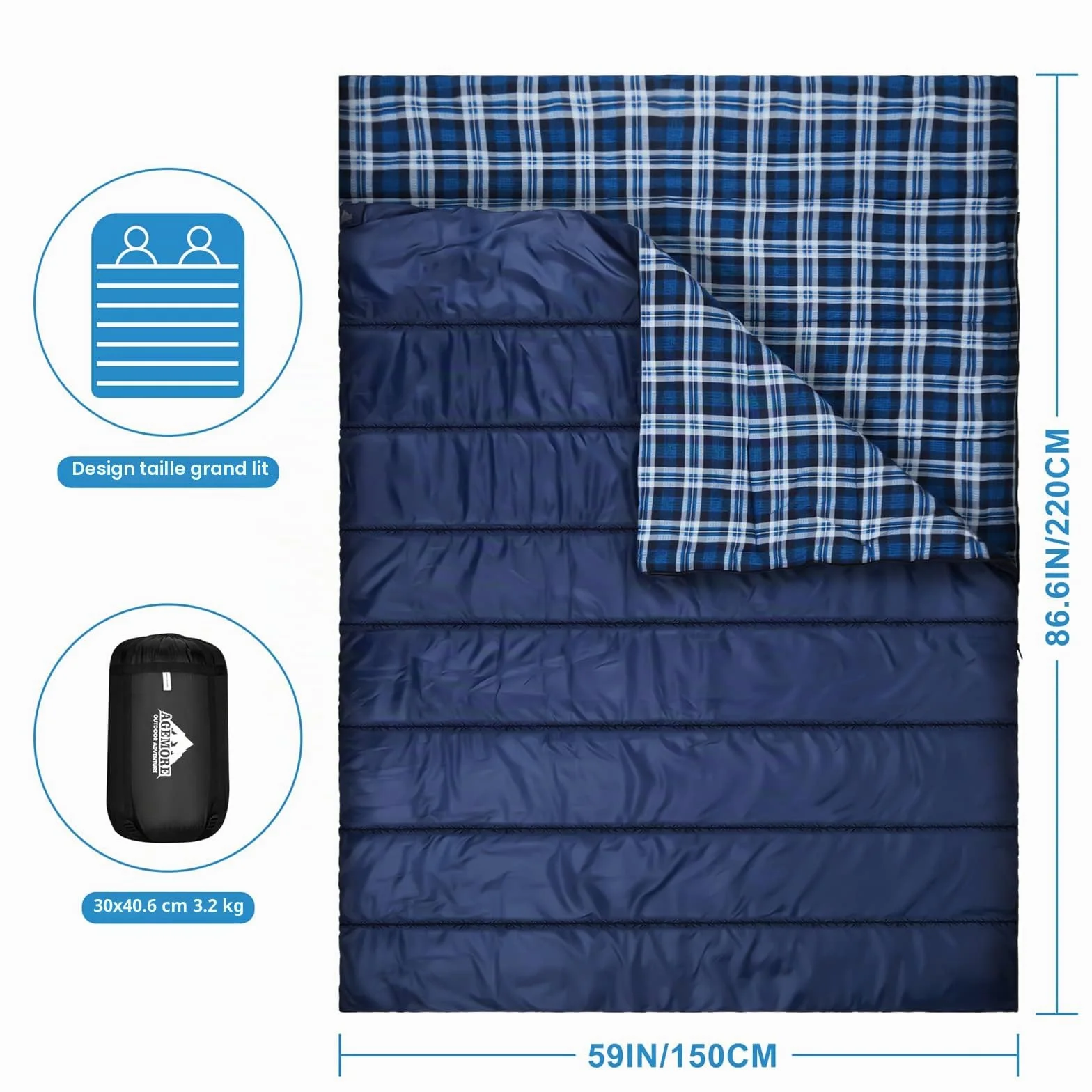 Sac de Couchage Double Flanelle Coton Camping Imperméable Reine 2 Temps Froid Adultes