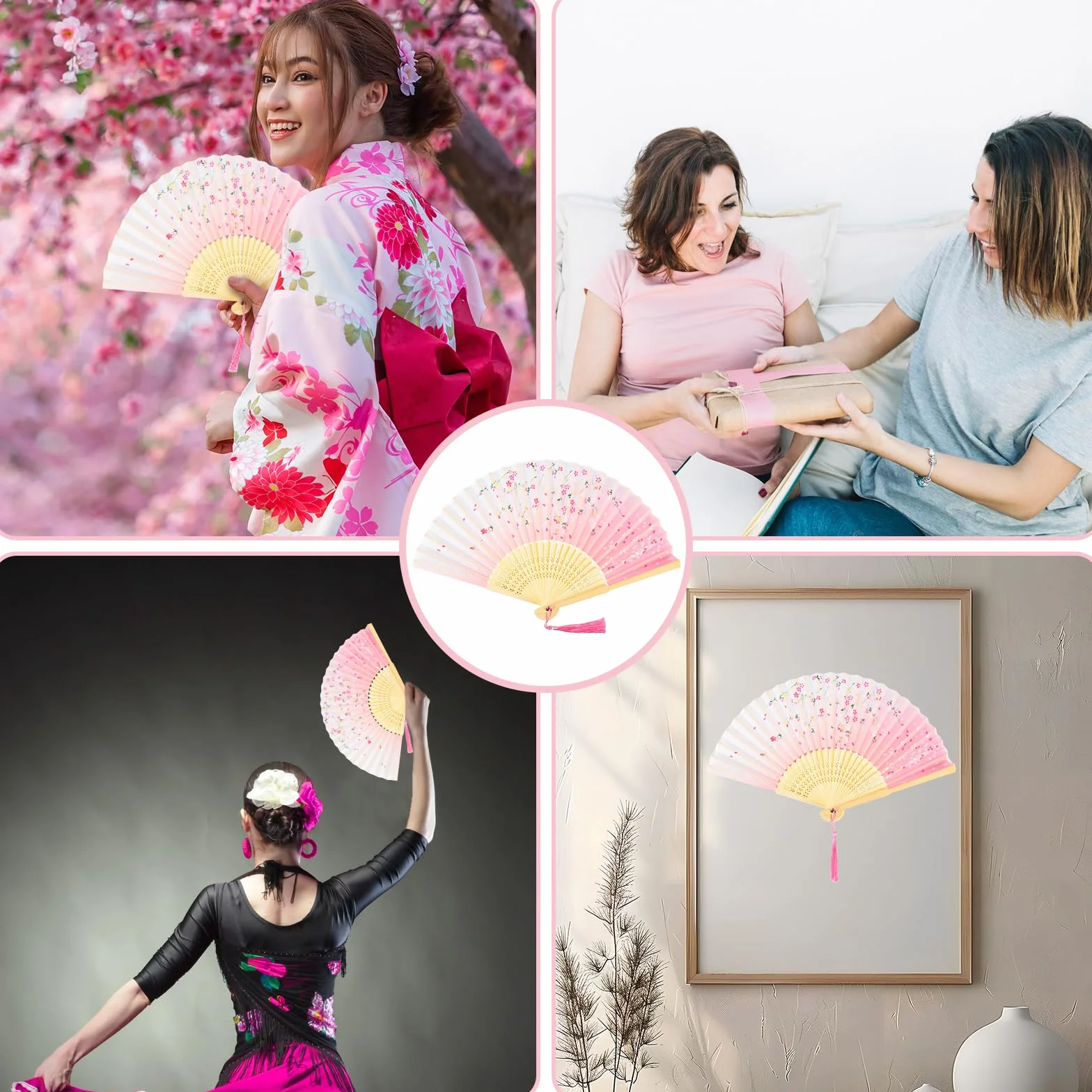 KEYIDO Rose Eventail Japonais Éventail Solide Bois Tissu Soie Bambou Chinois Plié avec Frange pour Femme