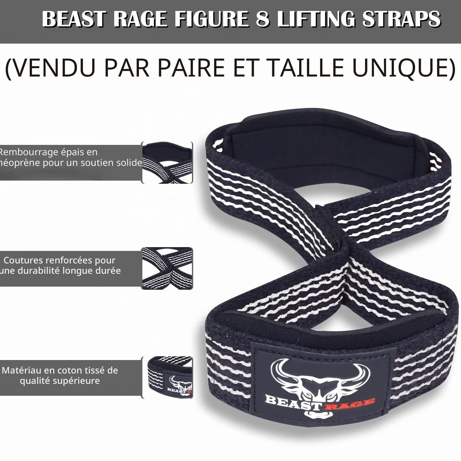 BEAST RAGE Sangles d'haltérophilie rembourrées en coton