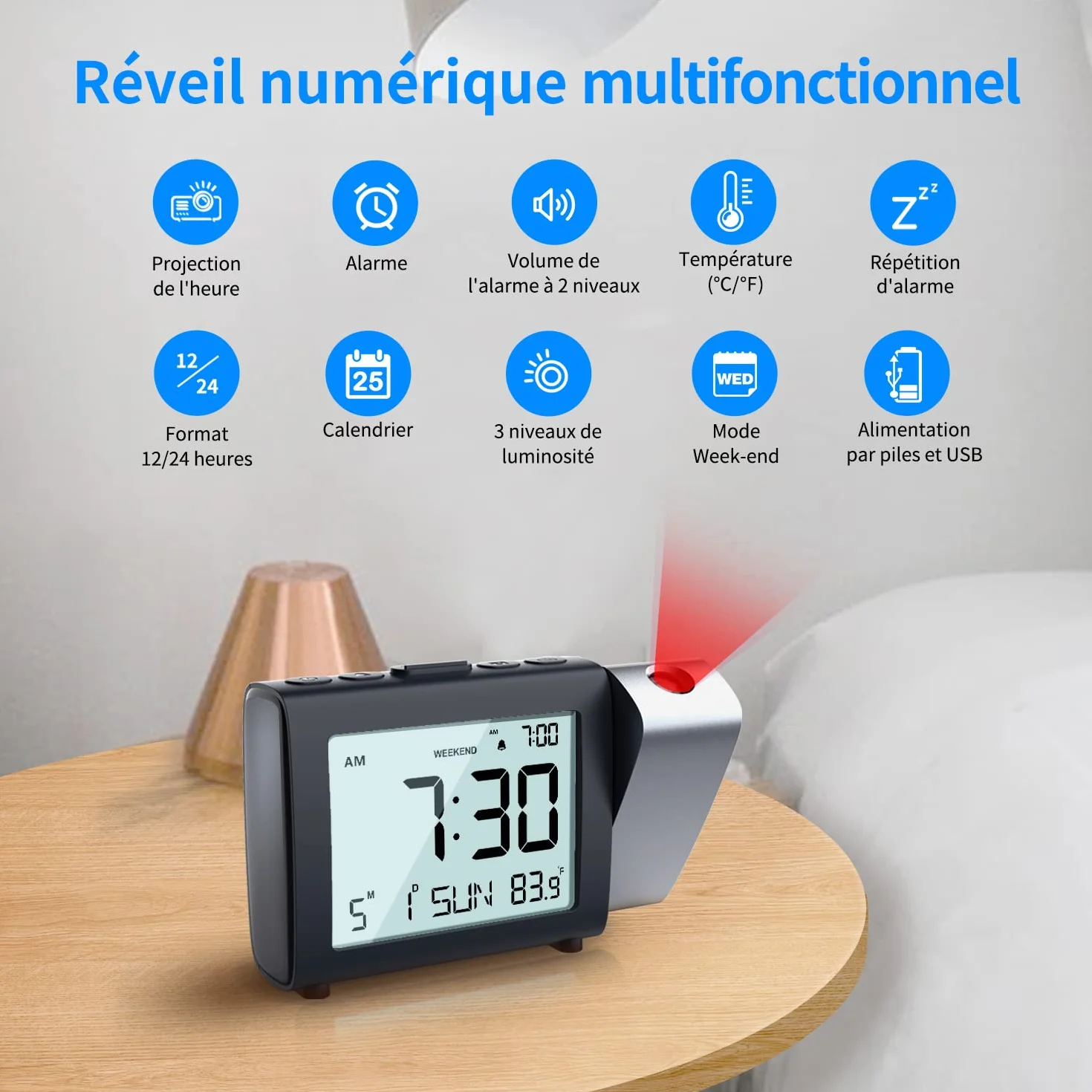 Horloge à Projection numérique LCD avec température, date, 12/24H, réveil de bureau réglable (Rouge)