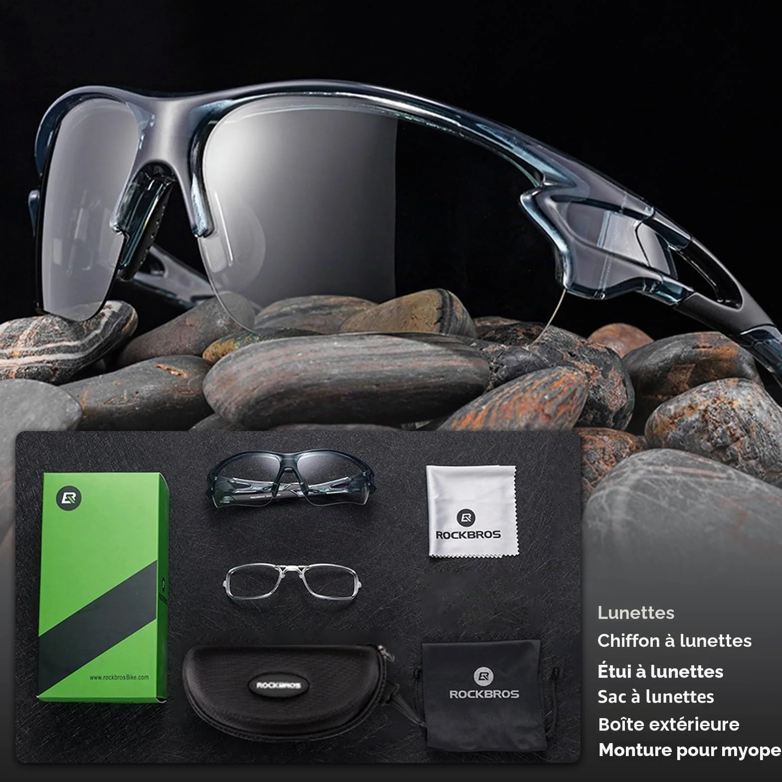 ROCKBROS Lunettes de Soleil Sport, Cyclisme Lunette Photochromiques pour Vélo VTT Pêche, Verres Transparents en PC Anti-UV400 Ultra-léger Unisexe