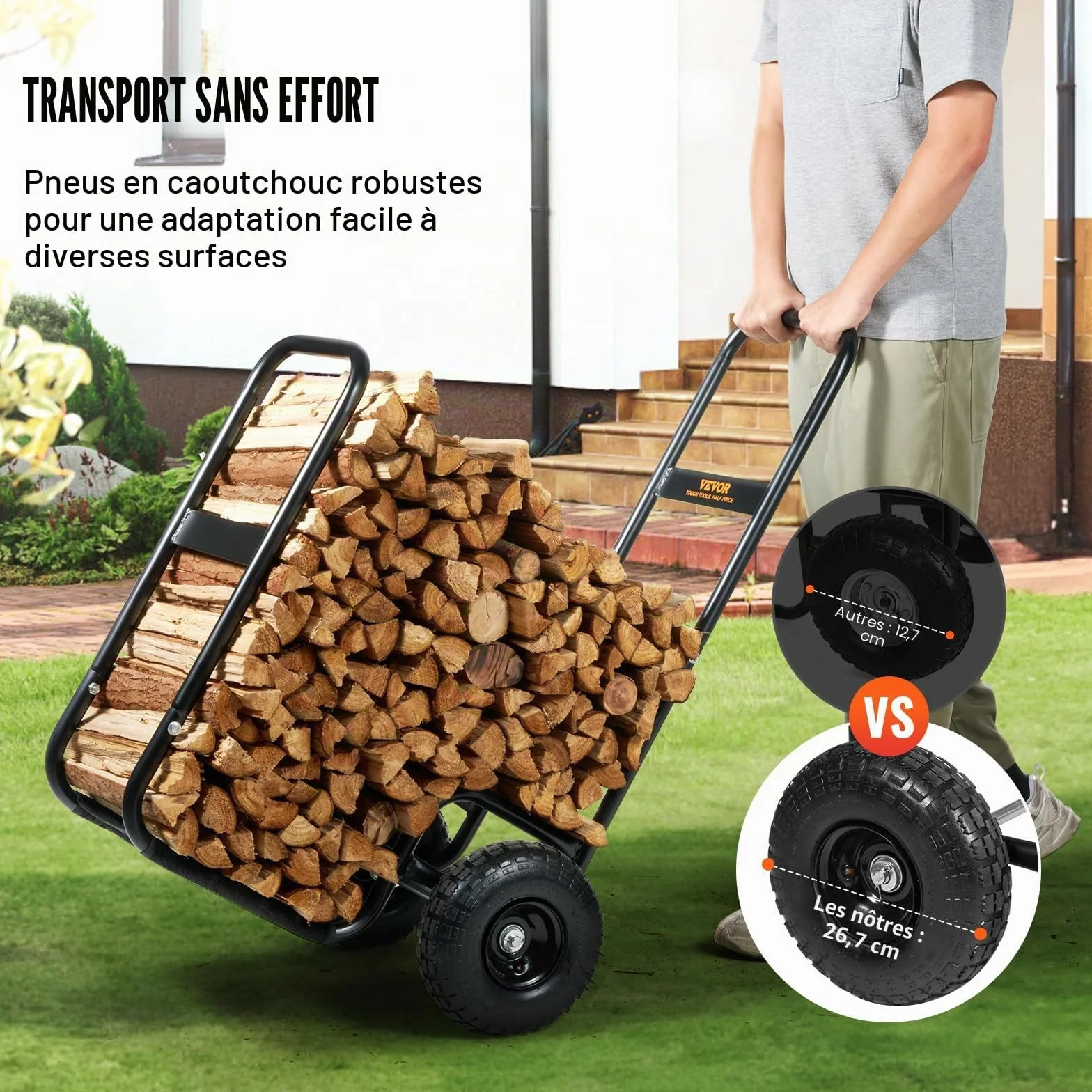 VEVOR Chariot Transport Bois de Chauffage 113,4 kg Acier 67x52x110 cm Roues Gonflables Caoutchouc Noir
