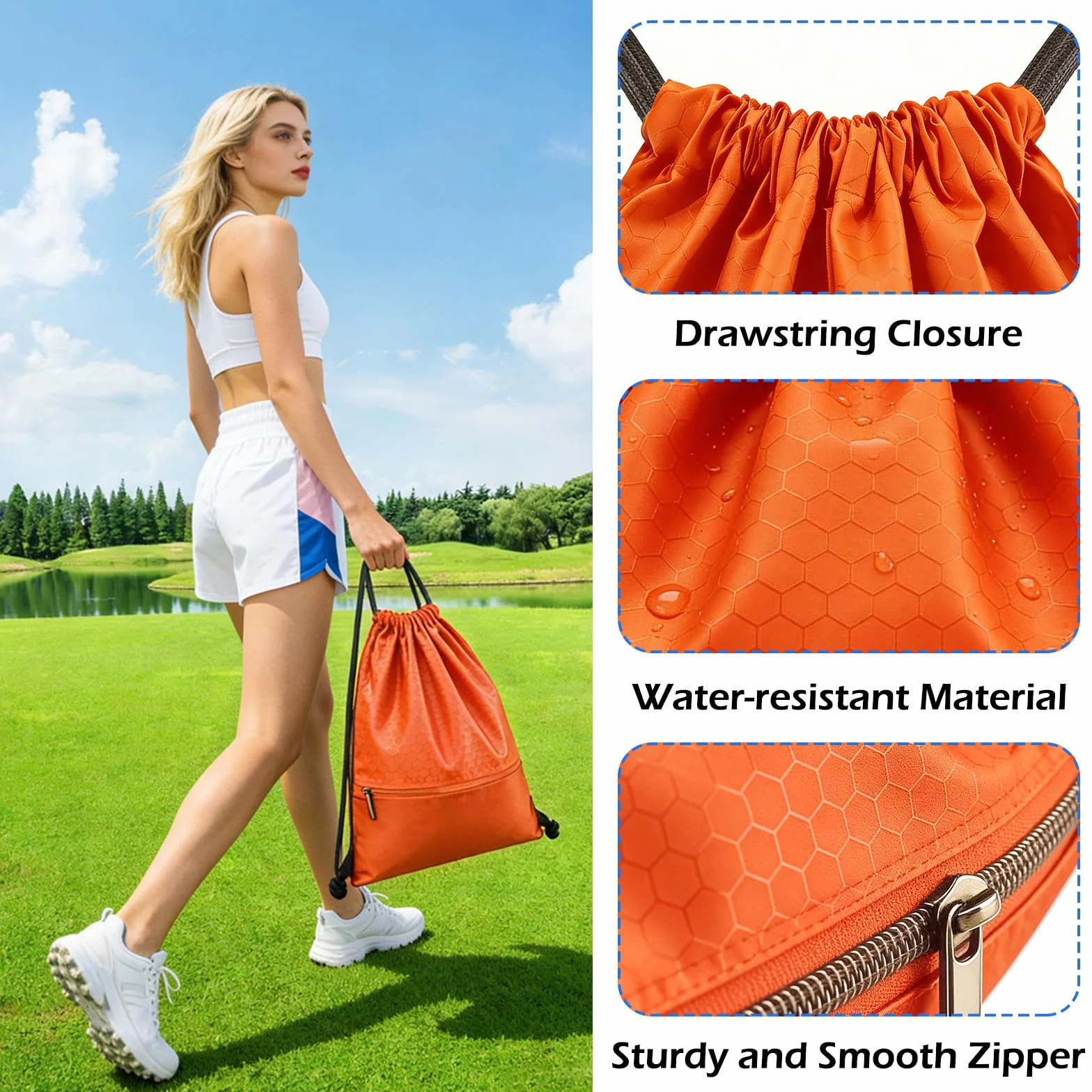 Sac à Cordon de Sport Étanche Pliable Orange pour Voyage Gym Plage