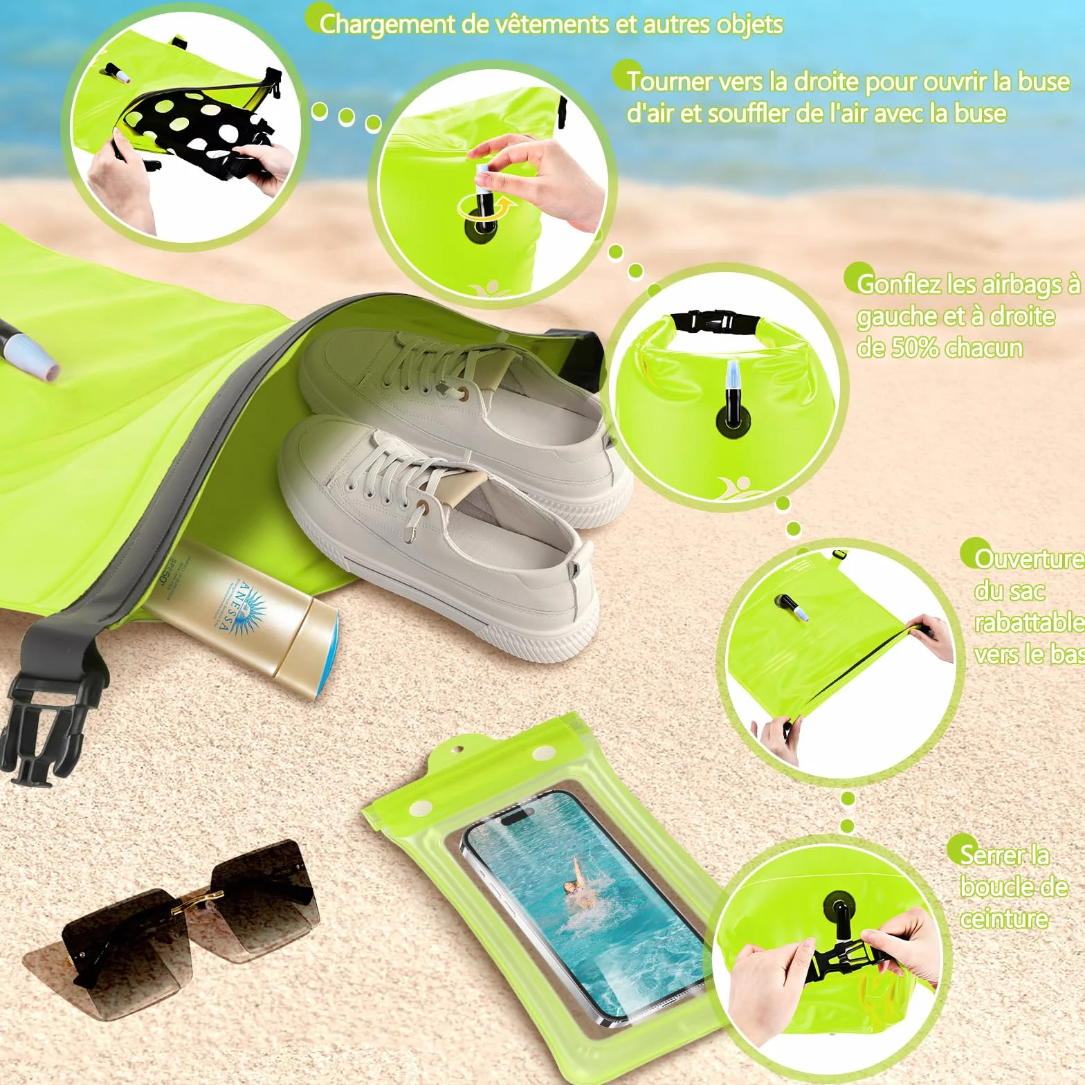 JONRRYIN Bouée de natation 28 l, sac étanche et flottant, gonflable, appareil de sécurité pour la natation en eau libre, idéale pour les triathlons et les surfeurs