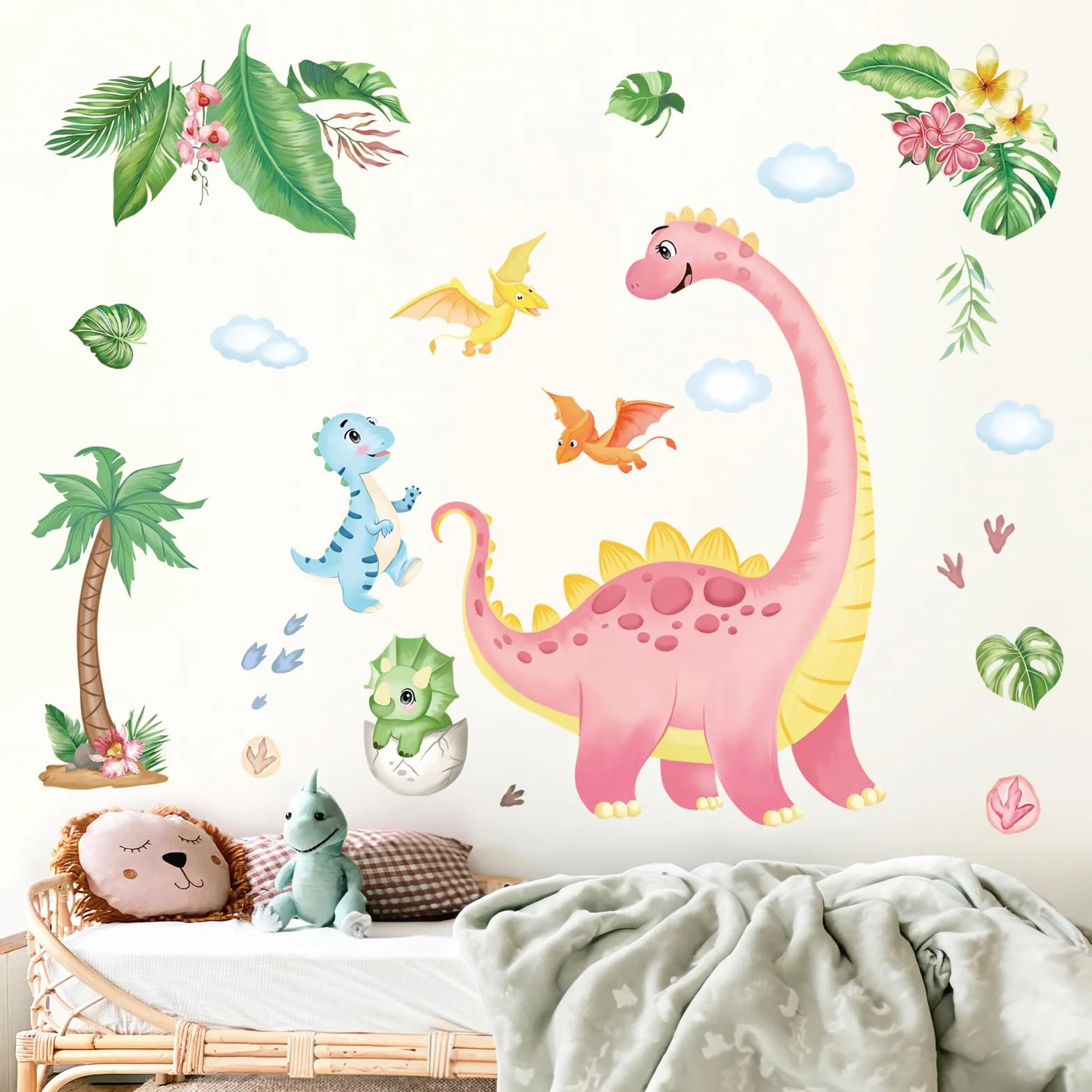Autocollants Muraux Dinosaure Aquarelle Rose Dino Empreinte Nuages PVC Amovible Enfants Chambre