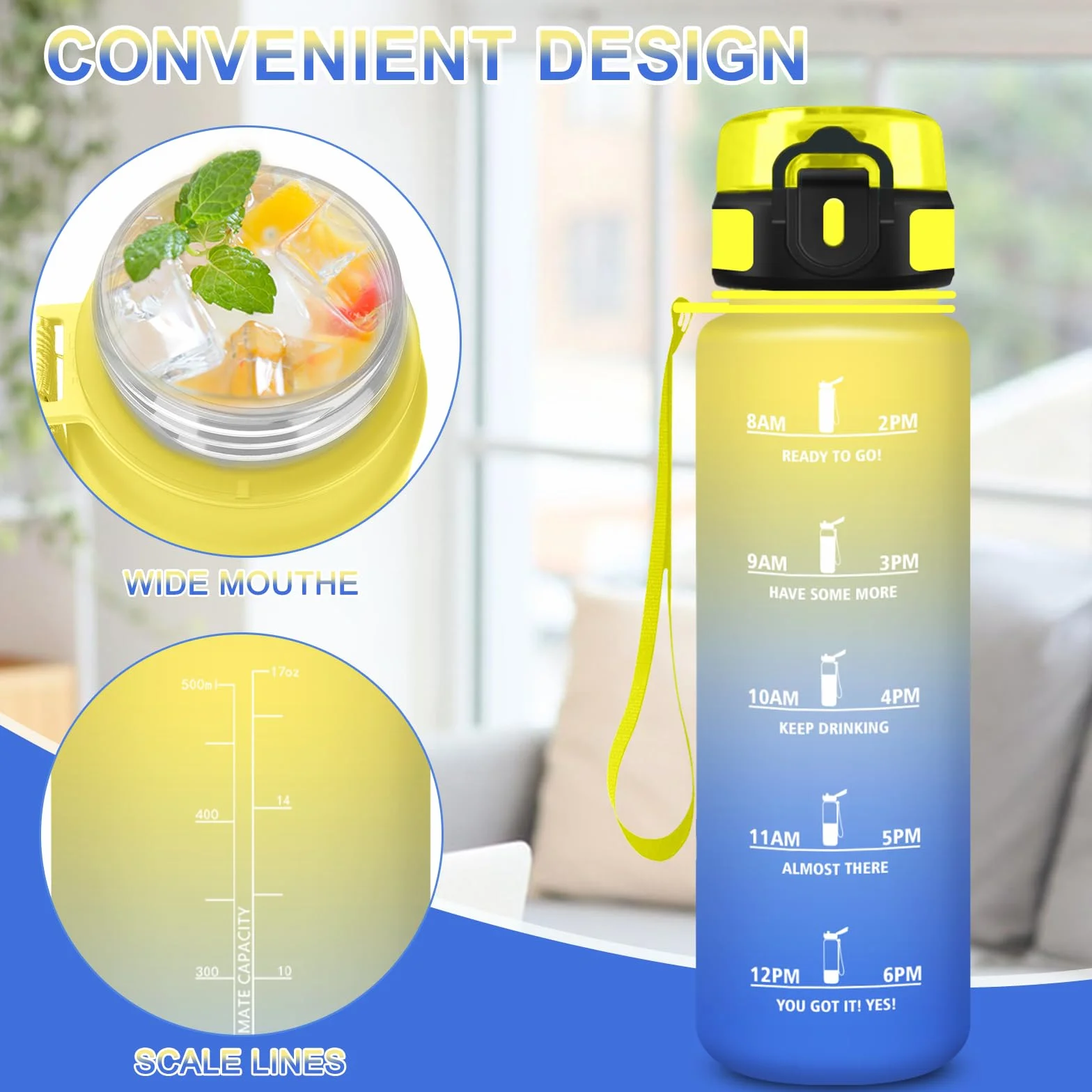 Gourde 1l, Gourde Sport, Facile à Nettoyer, Bouteille avec Verrou de Sécurité, Bouteille d'eau Avec Spazzolare, Bouteille Plastique avec Marqueur de Temps, pour Running, École, Sport, Bureau