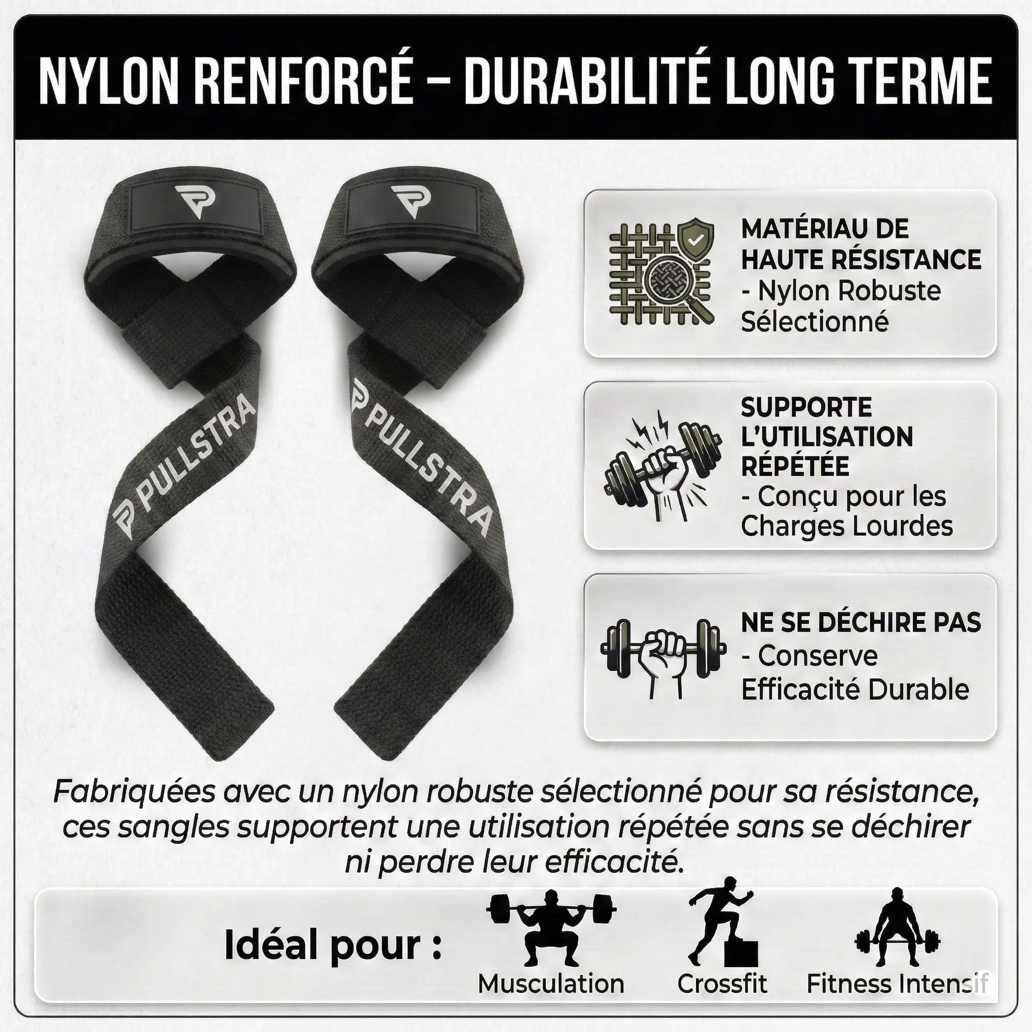 Sangles de Tirage Musculation – Straps Résistants en Nylon pour Musculation, Crossfit & Fitness – Grip Renforcé pour Tirage, Dos et Charges Lourdes – Accessoire Sport Homme & Femme