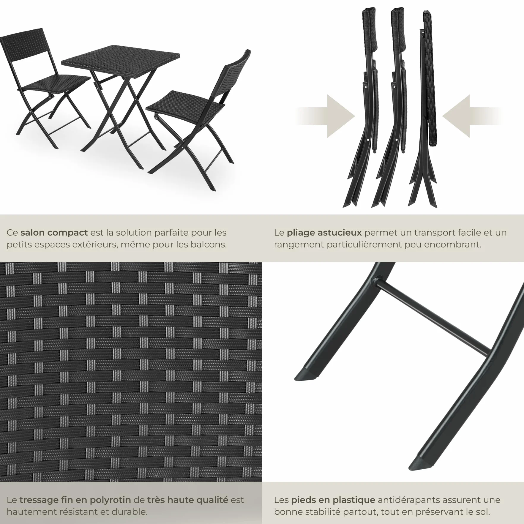 Tectake Salon de Jardin Poly Rotin Pliant pour 2 Personnes - Ensemble Chaise et Table