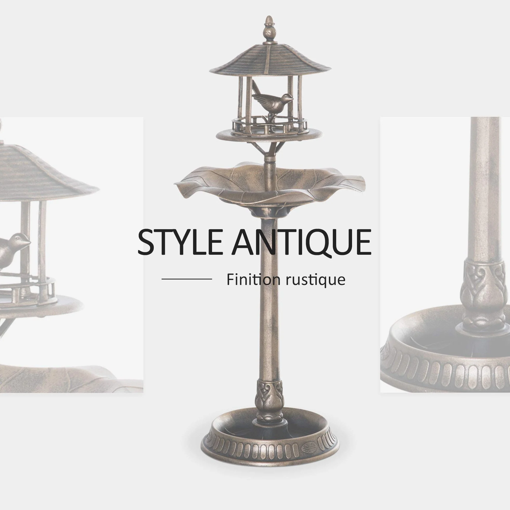 Outsunny Bain d'oiseaux Abreuvoir pour Oiseaux 3 en 1 Ø 50 x 113 cm Polypropylène Bronze Antique