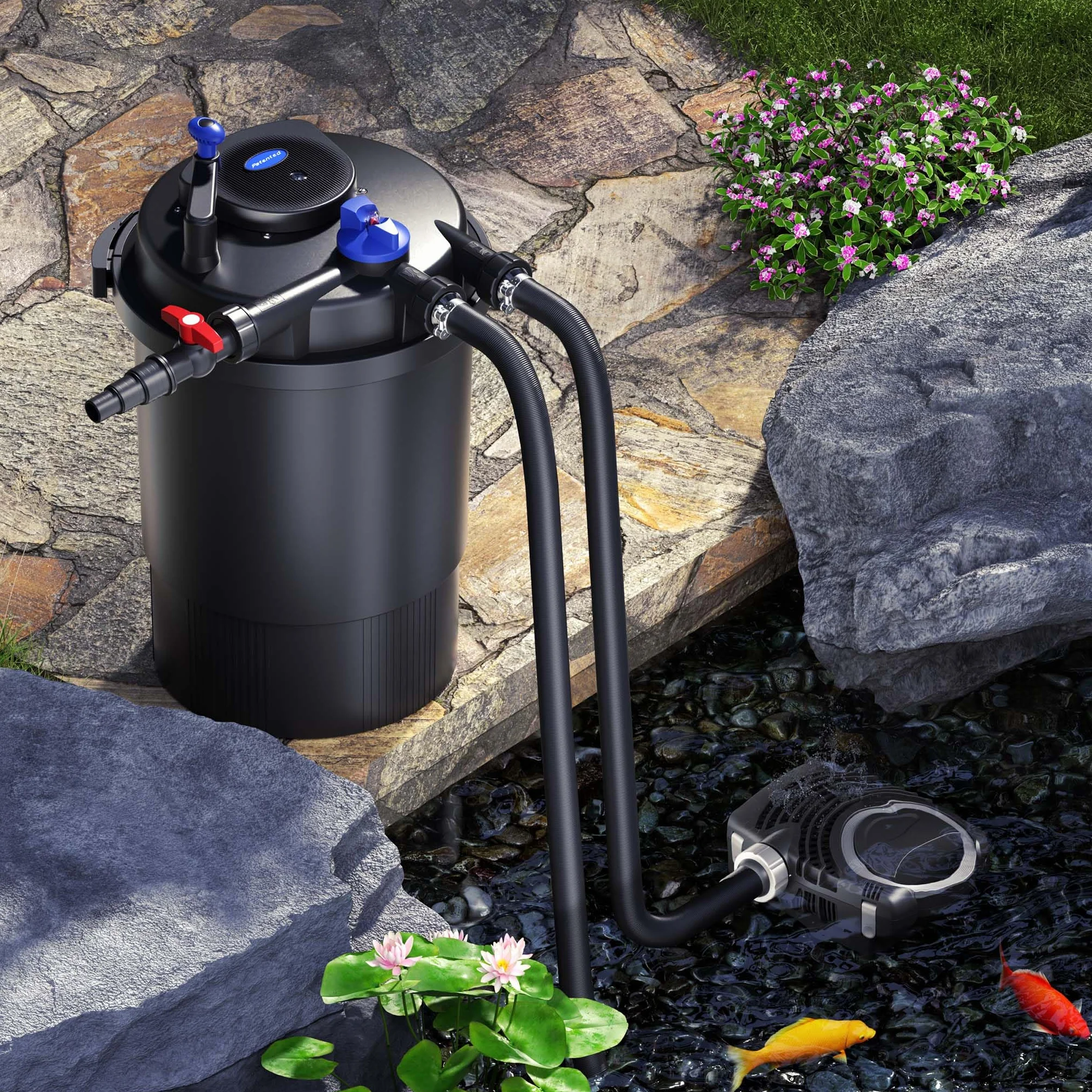 SunSun Kit complet CPF-30000 Filtre de bassin à pression 12000 L 55W lampe UV NEO12000 SuperECO pompe 12000l/h 100W 10m Tuyau 38 mm (1 1/2") collier de serrage W1 44-47mm