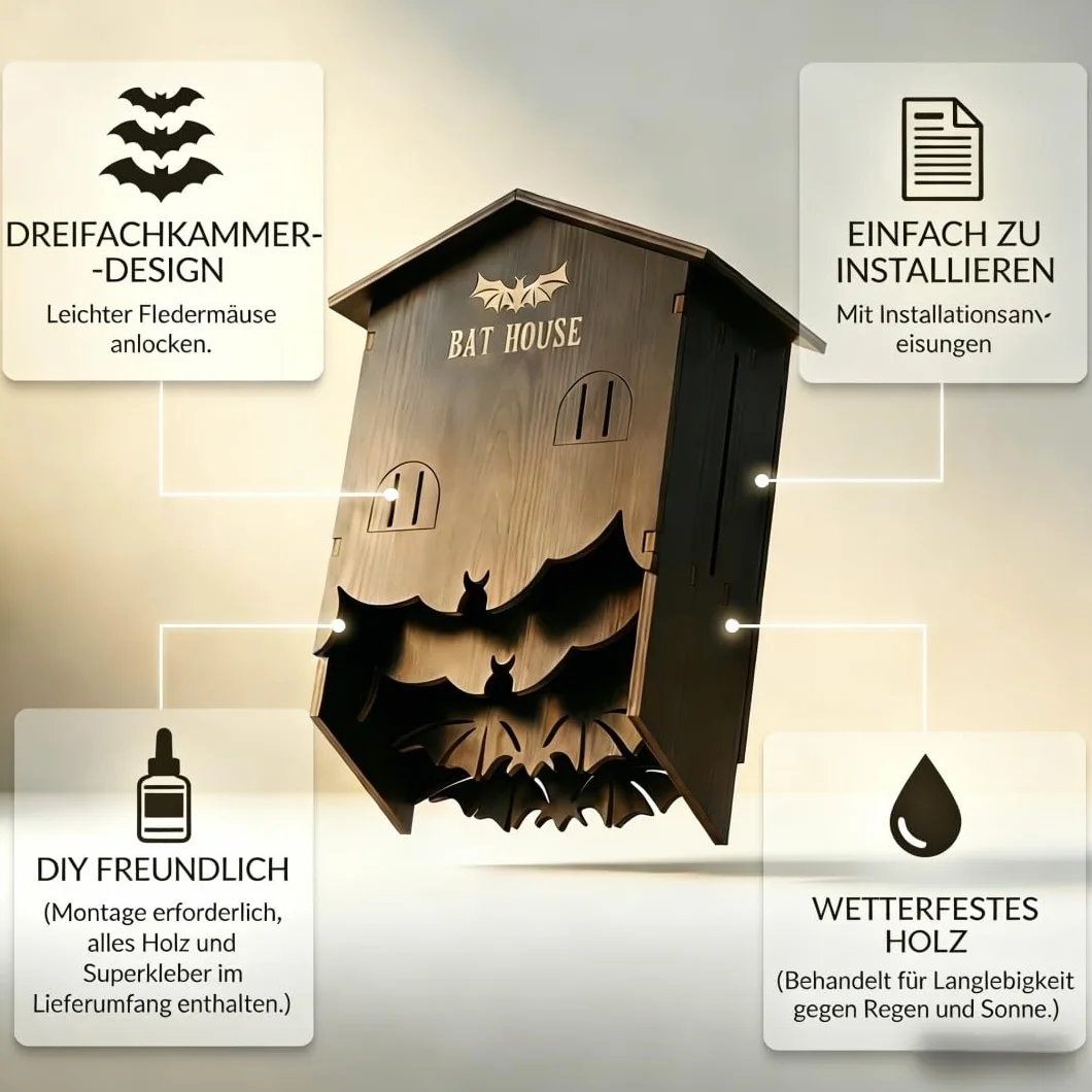 Nichoir Chauve Souris en Bois 3 Chambres, Kit DIY Résistant aux Intempéries pour Jardin