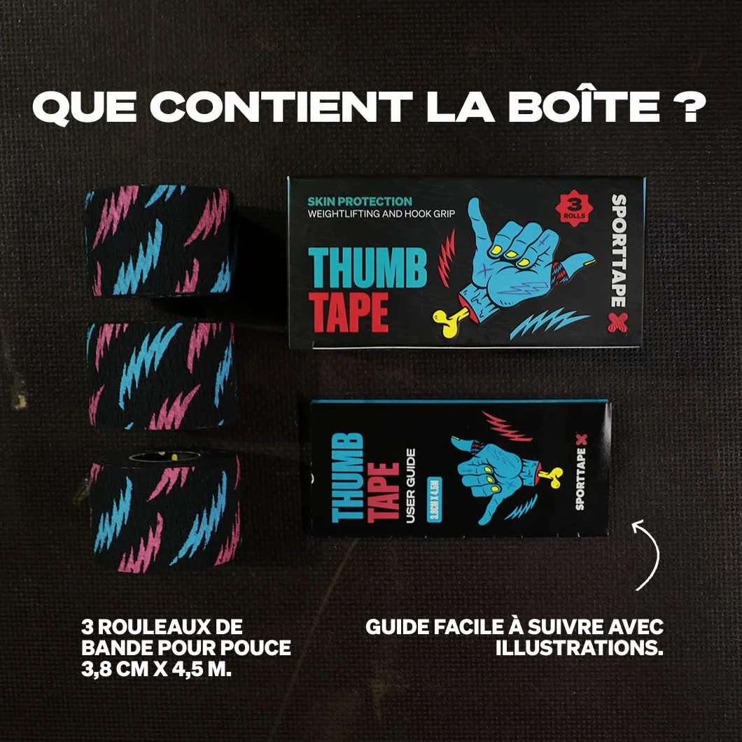 SPORTTAPE 3 rouleaux bande pouce haltérophilie | CrossFit, adhésif anti-transpirant | Facile à déchirer, prise forte | Pour grip crochet, OLY lifting, protection des doigts | 3,8 cm x 4,5 m