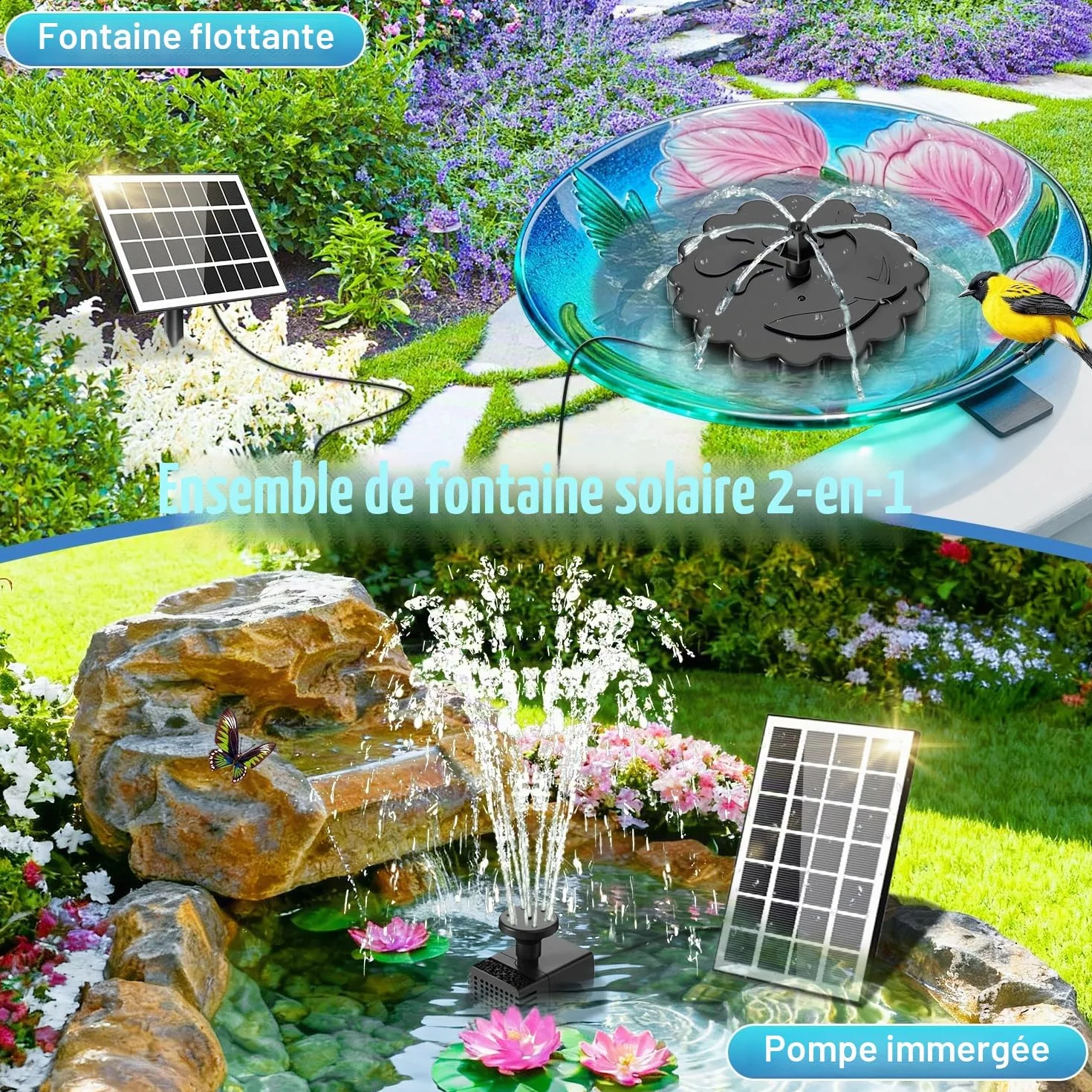 Fontaine Solaire 3.5W avec Pompe Bassin Extérieur, Câble 3M & 8 Buses