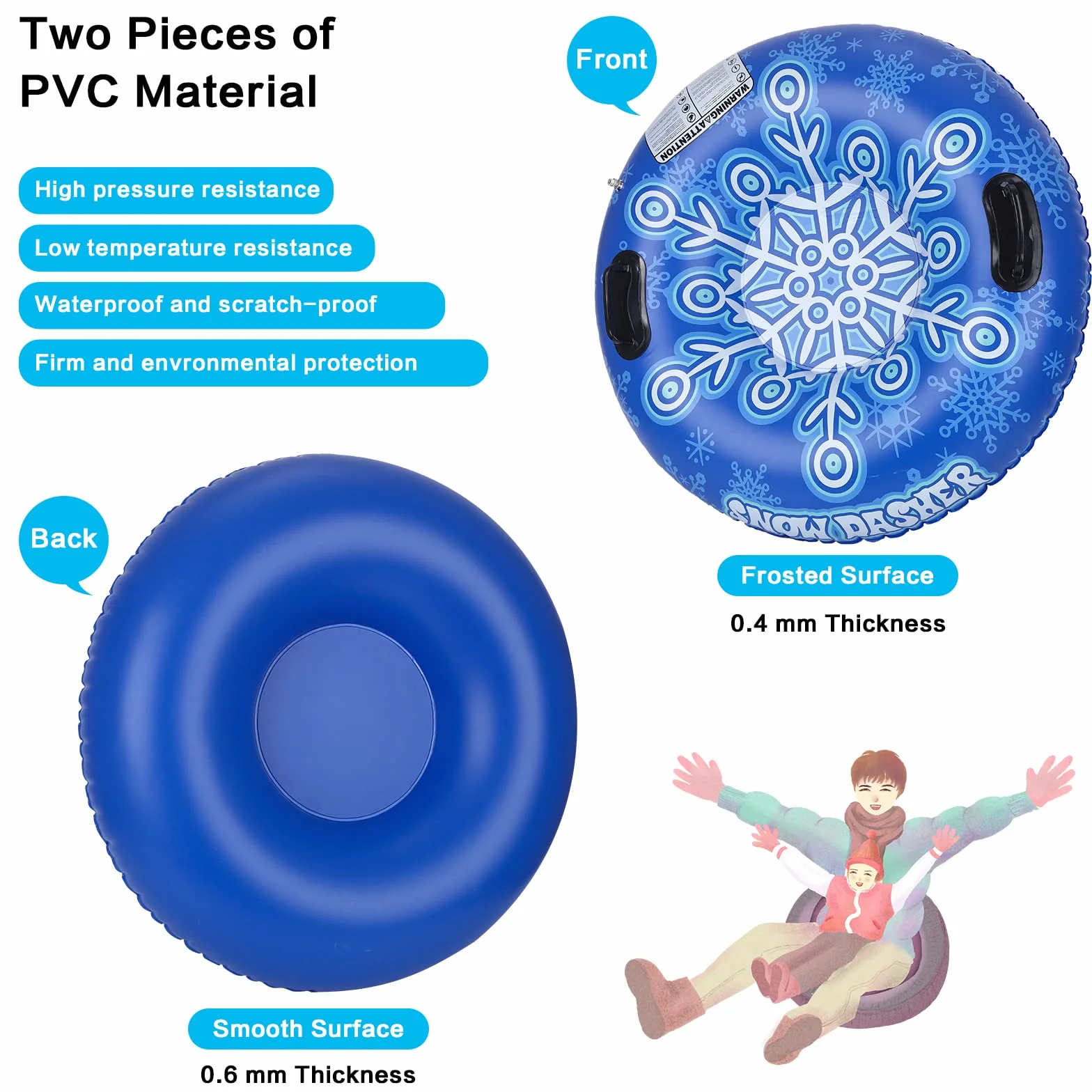 Tube de Neige Luge Gonflable Robuste 90 cm Tube de Neige Gonflable en PVC Tube de Ski Gonflable pour Adultes Anneau de Ski Gonflable Bleu avec poignées Jeux de Sport d'hiver en Plein air Ski Luge