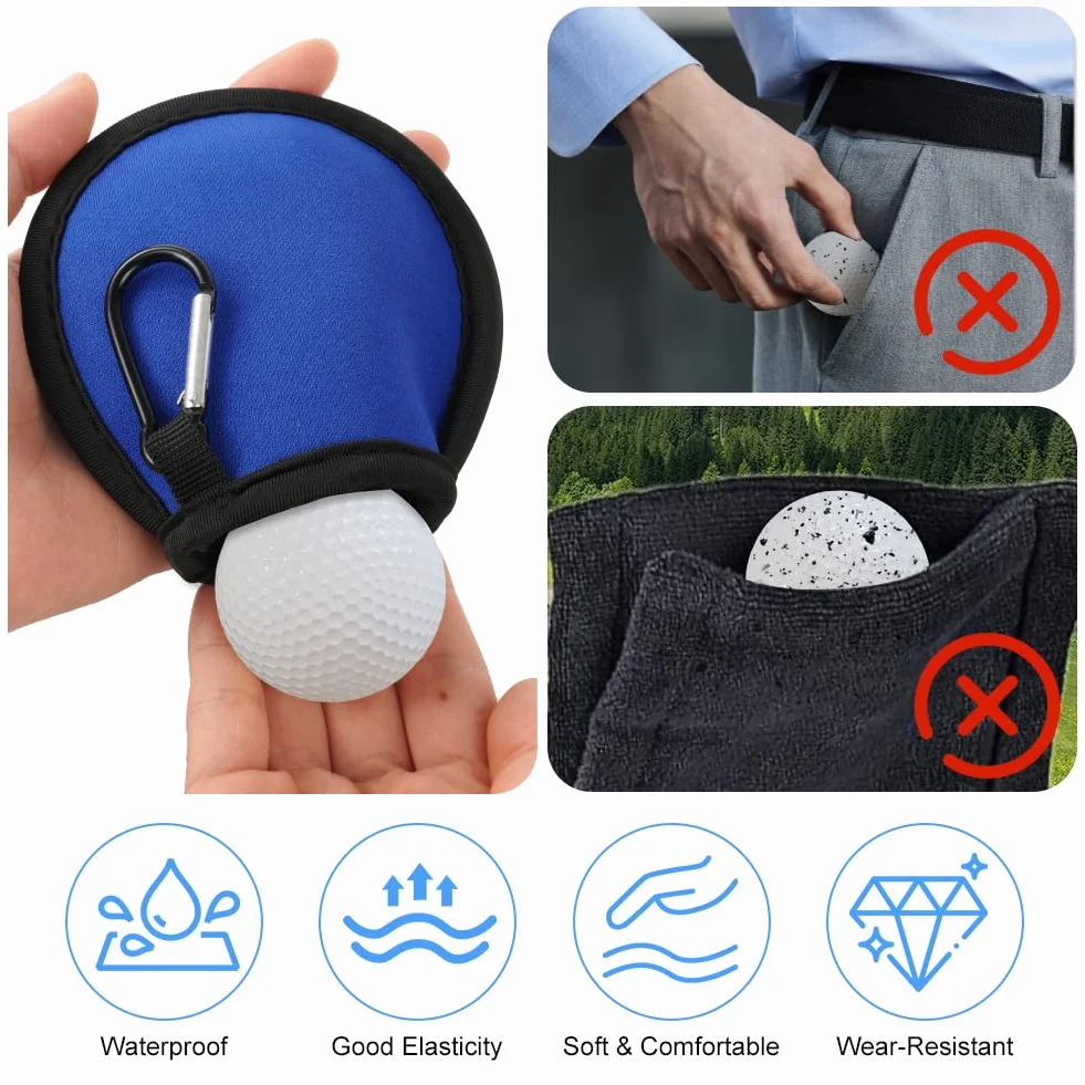 Pochettes de Nettoyage de Balles de Golf, 2 Pcs Imperméable, Sac de Golf Double Couche, Portables avec Mousqueton, Noir + Bleu