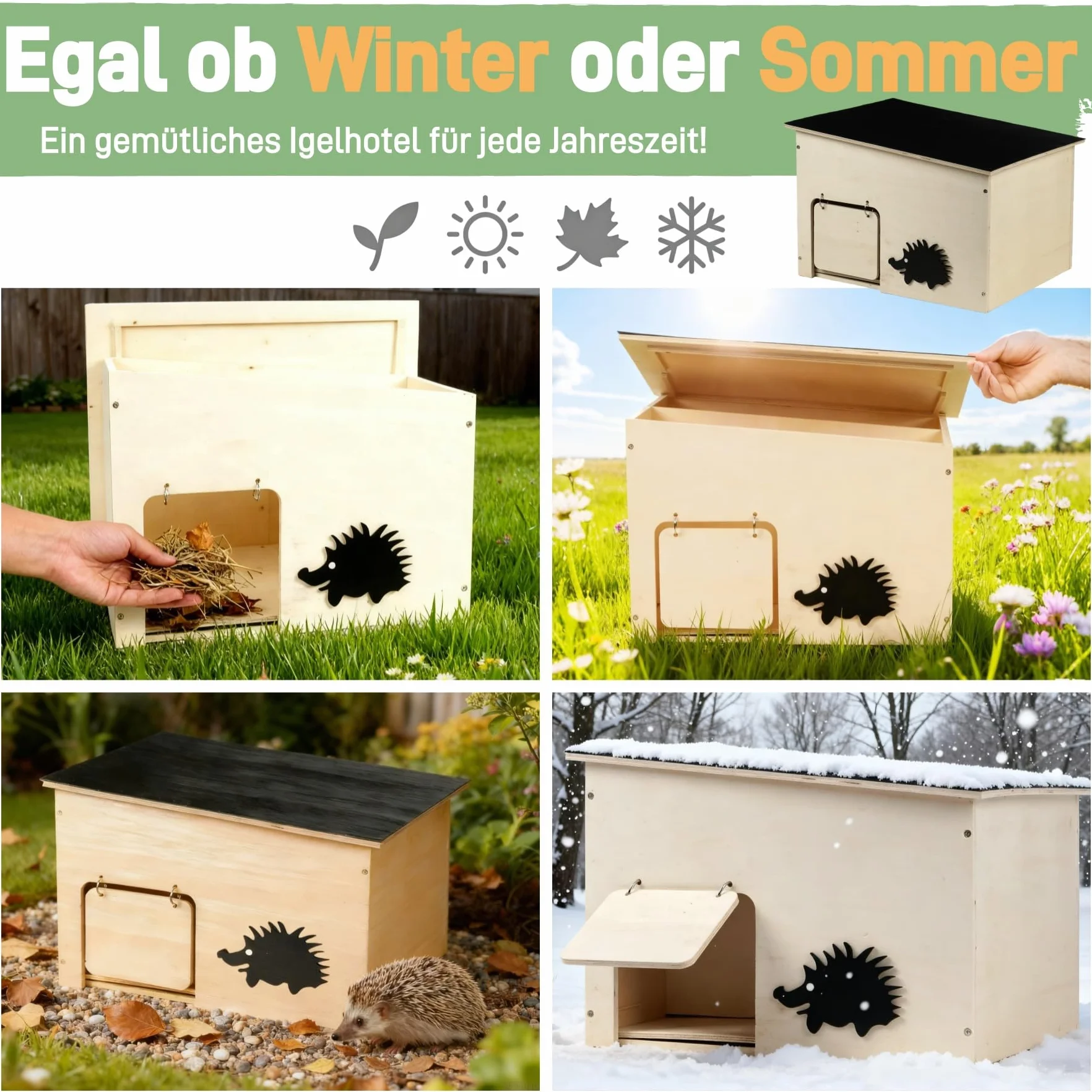 Hôtel pour hérisson en bois avec rabat - Maison pour petits animaux d'hiver et d'été
