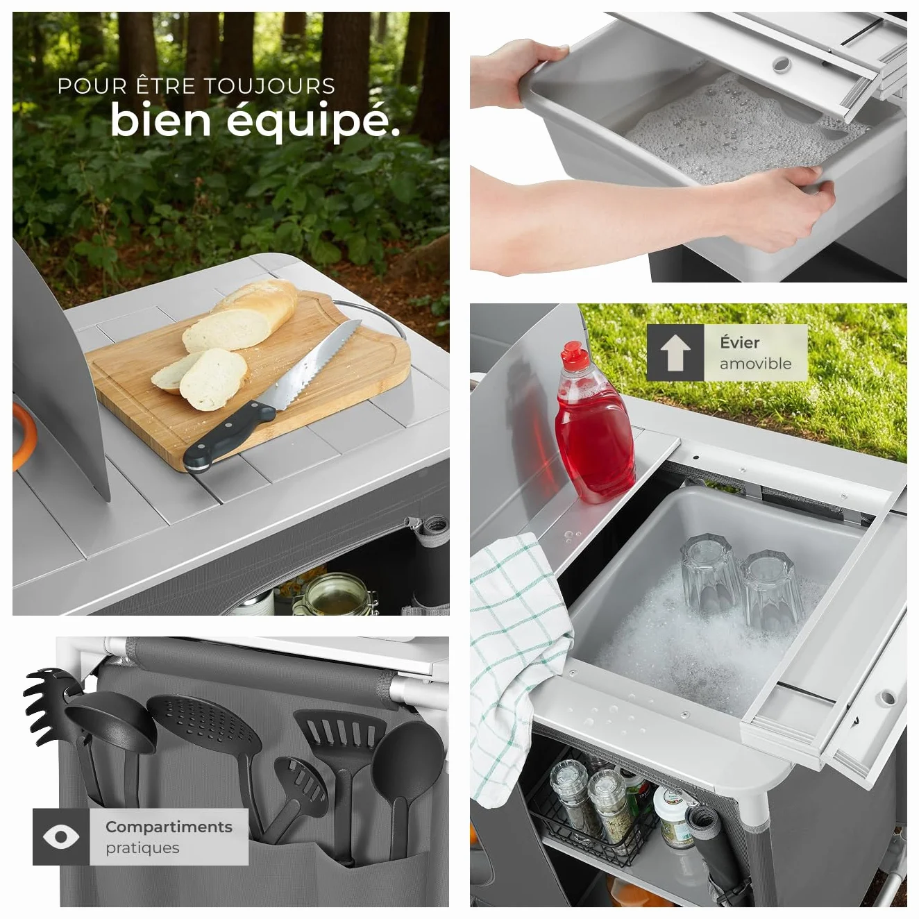 tectake® Meuble de Rangement Cuisine de Camping Pliable en Aluminium, avec Étagères, Plan de Travail, Pieds réglables, Sac de Transport Inclus, Stockage pour Vaisselle, Accessoires Cuisine, Aliments