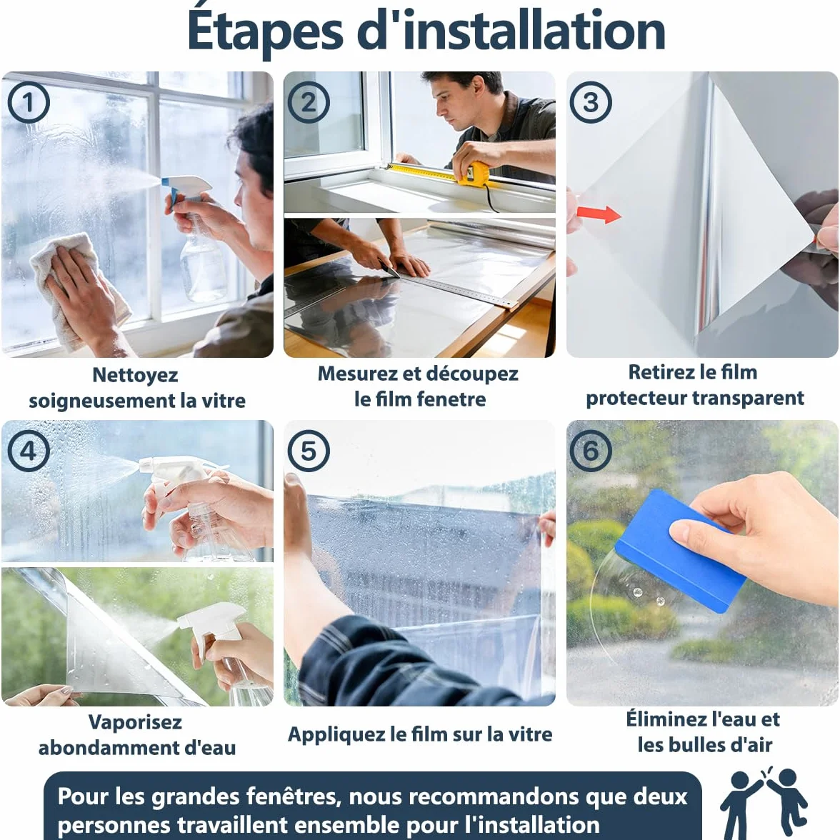 Film Fenetre Anti Regard Anti Chaleur Effet Miroir Anti UV Kit Pose Protection Vie Privée Soleil Maison Bureau Balcon Magasin 44.5x120cm 2 Rouleaux
