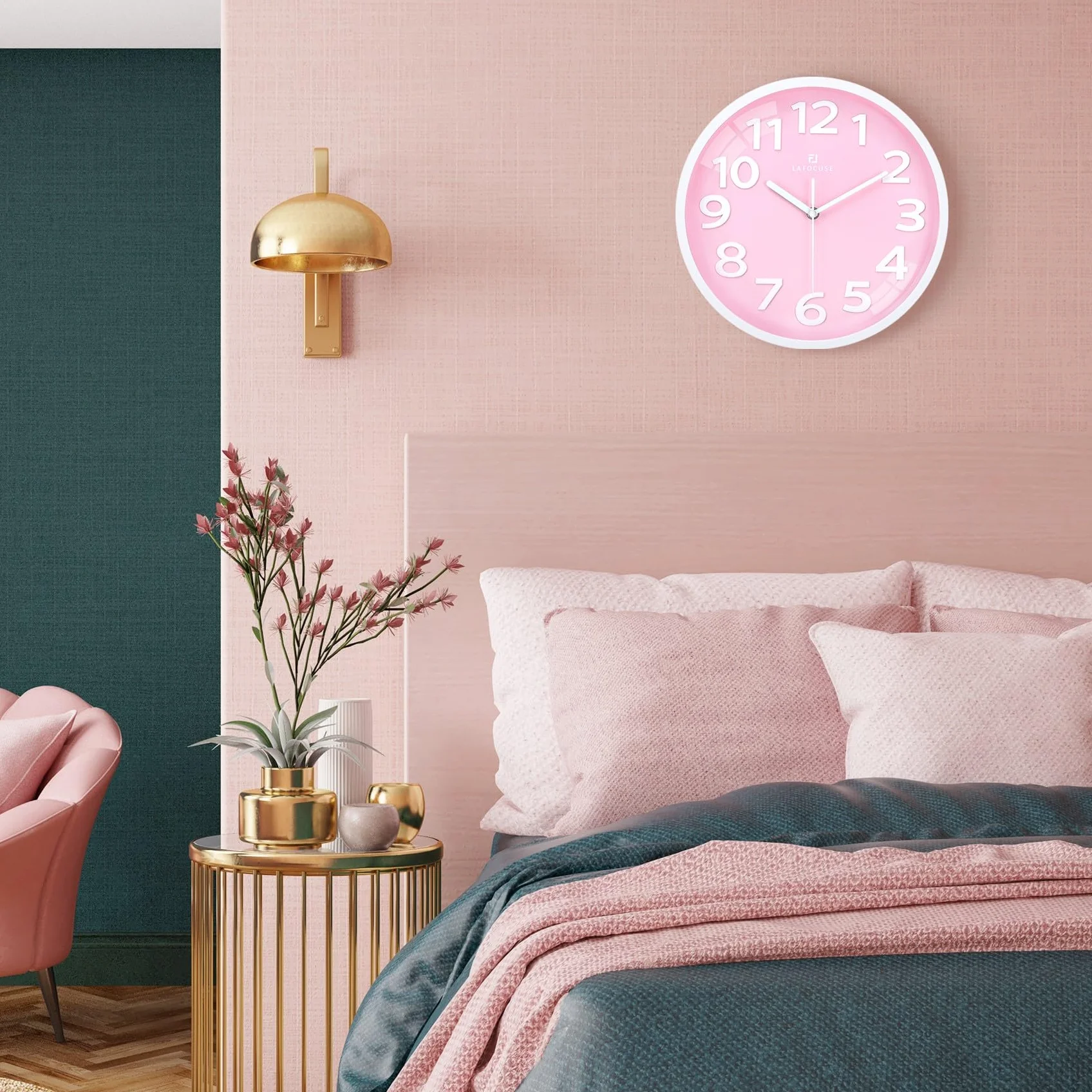 Lafocuse Horloge Murale Rose Fille 30cm Grande Chiffres 3D Silencieuse Pendule Murale Moderne