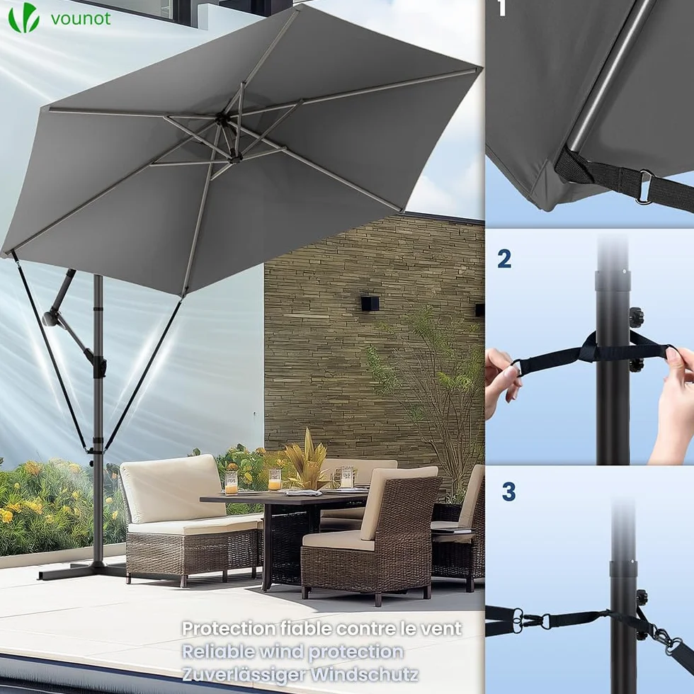 Parasol Déporté Hexagonale 3M Anti-Retour Inclinable Toile 180gr/m2 Anti UV 6 Baleines Acier H235cm Gris Housse Protection