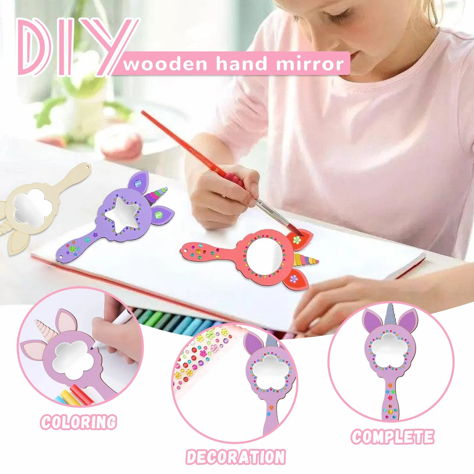 Bricolage Miroir Couronne Princesse en Bois 12 Pièces DIY Miroirs à Colorer avec Pinceaux