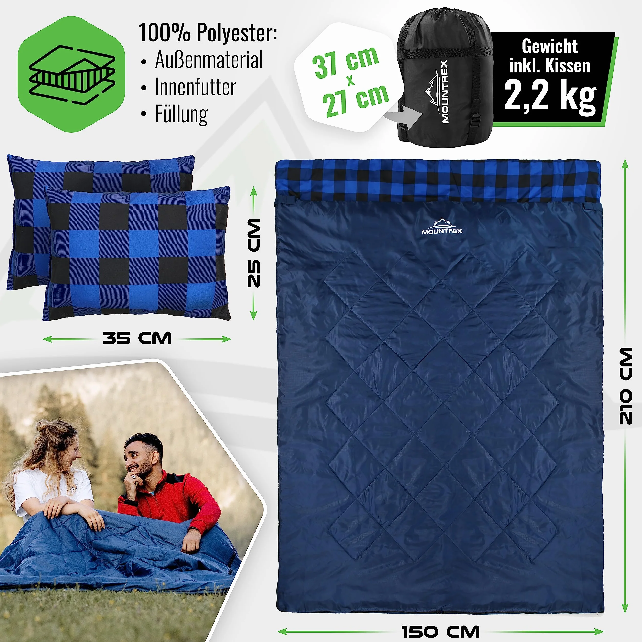 MOUNTREX Sac de Couchage Double d'Été XXL 210 x 150 cm Pour 2 Personnes Avec 2 Oreillers Camping Extérieur