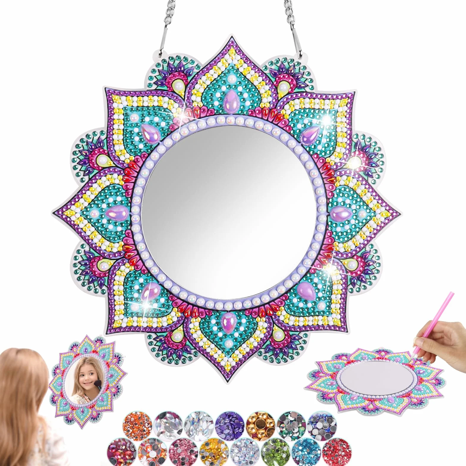 StarryTiger 5D Diamond Painting Mirror, Maquillage Jouet Miroir de Peinture Diamant, Enfant Activité Manuelle, Cadeaux pour Filles 5-12 Ans