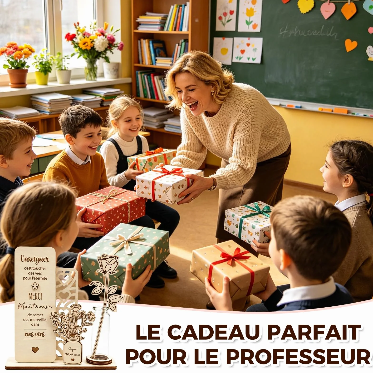 Plaque Décorative En Bois Avec Vase Et Rose Cadeau Maitresse D'École Original Souvenir Merci Maitresse Bureau Classe