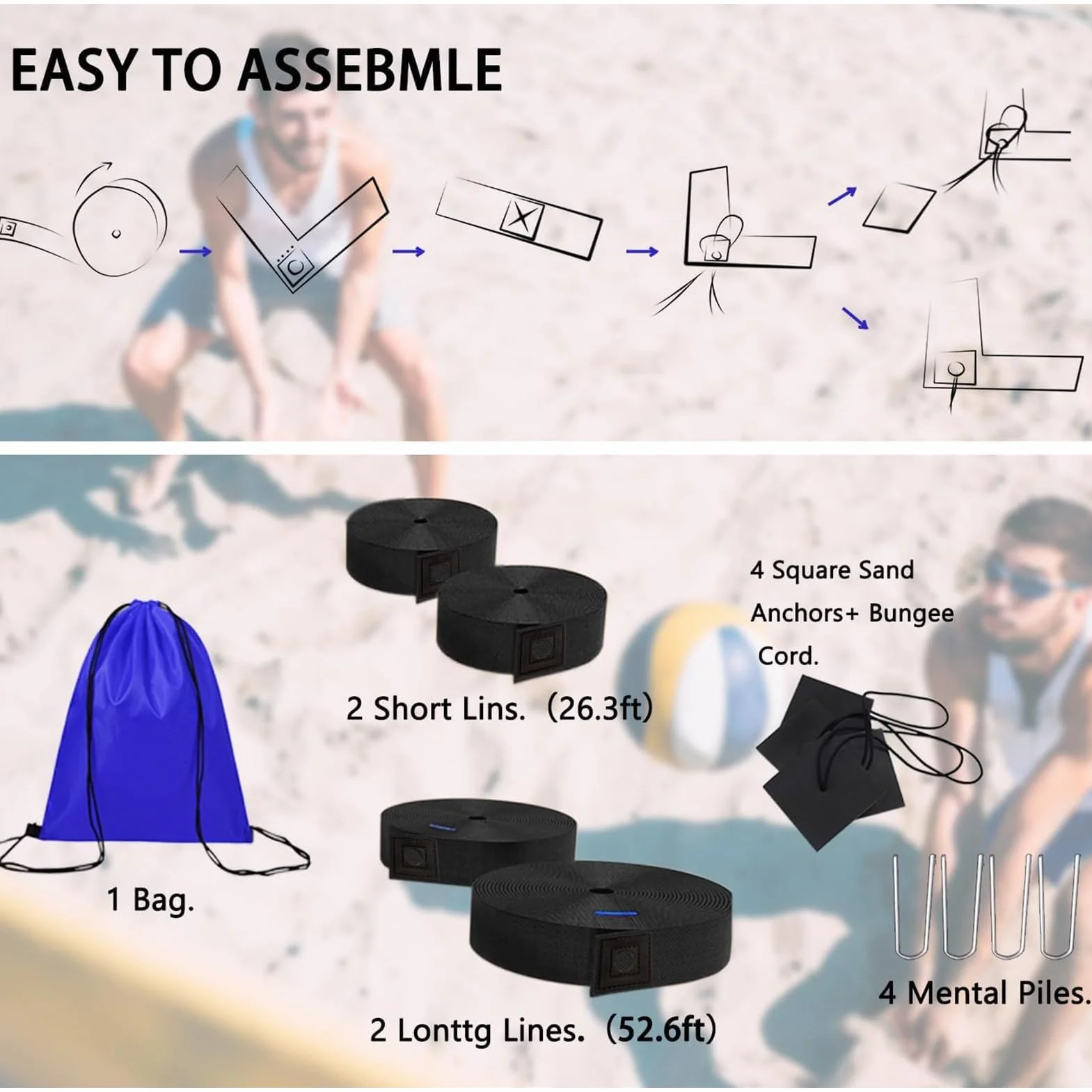 Lignes De Beach Volley Renforcées pour Sable, Délimitations de Terrain de Volley-Ball Robustes, Accessoires de Jeu Extérieur Réutilisables