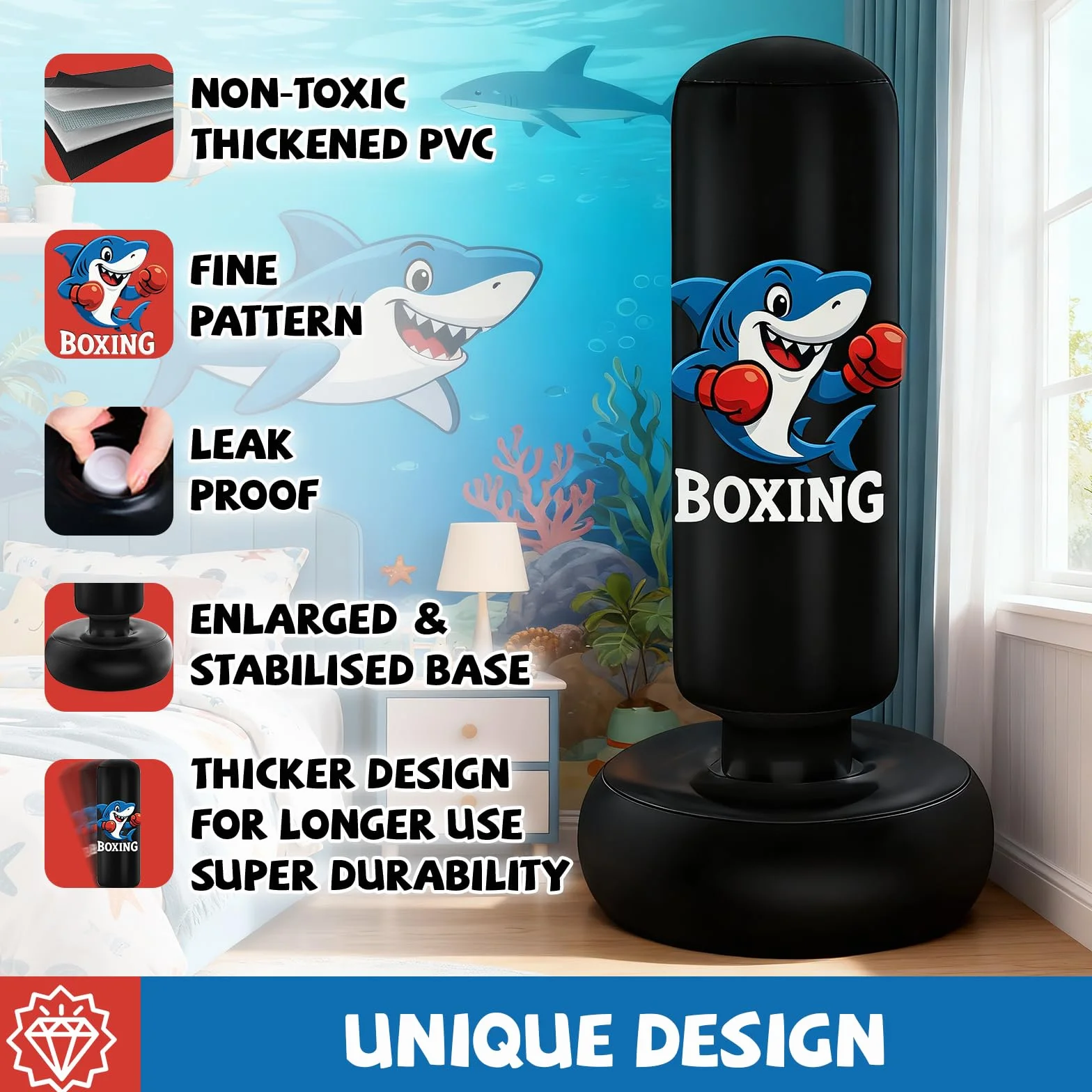 Qoosea Sac de Boxe pour Enfants 3 à 8 Ans, 130cm Gonflable Sac de Frappe sur Pied, Sac de Boxe Set de Formation avec Gants, Cadeau Parfait pour Garçons et Filles pour Karaté, Taekwondo